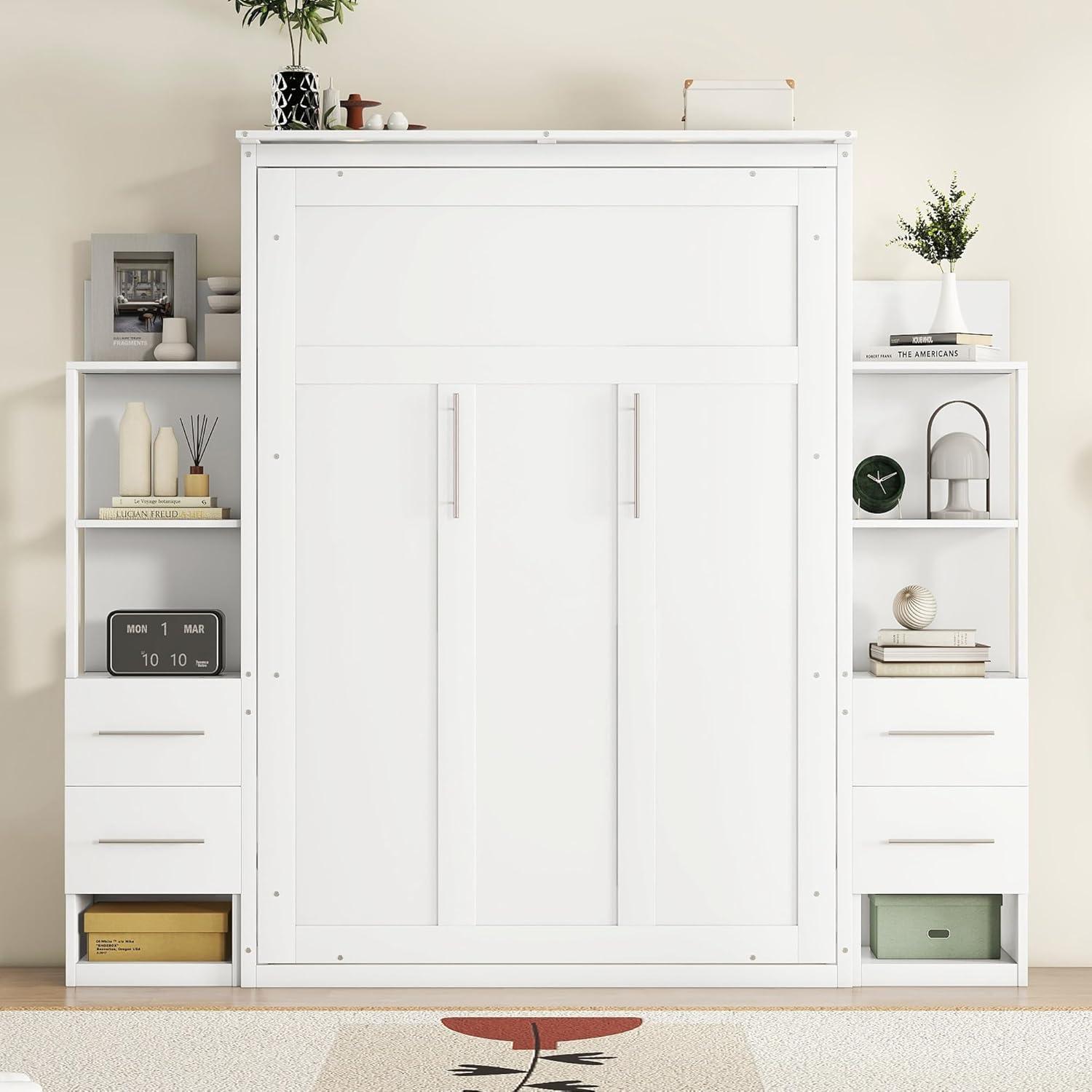 Harper & Bright Designs Full Size Murphy Bed Wall Bed with Storage Shelves, Drawers and LED Lights, Space-Saving for Multipurpose Guest Room or Home Office, White