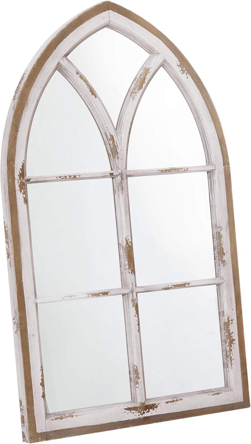Wood Window Panes Inspired Wall Mirror with Arched Top and Distressing White/Brown - Olivia & May: Cathedral Style, Antiqued Finish