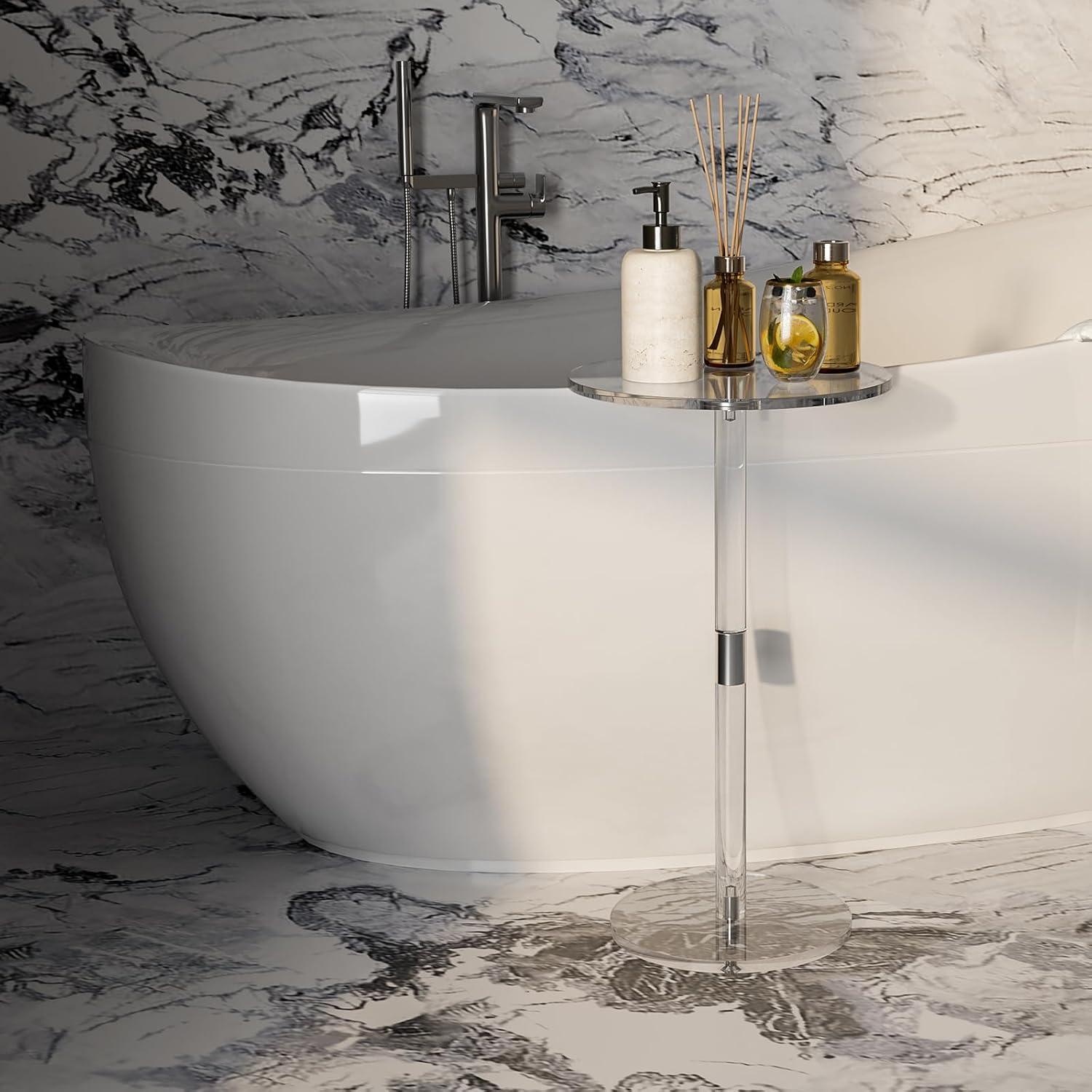 Acrylic End Table, Clear Side Tables for Small Space, 9.8" Round Modern Drink Table for Living Room, Bedroom, Bathroom, Office, Outdoor, Business, Sturdy and Easy to Install