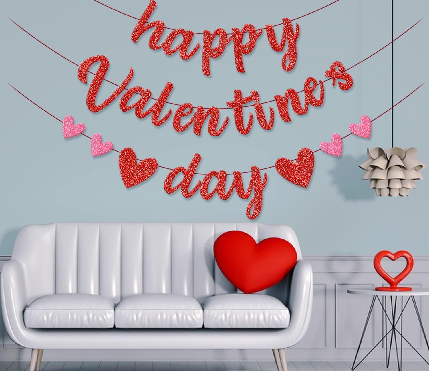 Glittery Heart Valentine's Day Banner, Red & Pink Sparkling Hollow Heart Shape DIY Paper Banner for Wedding Decoration