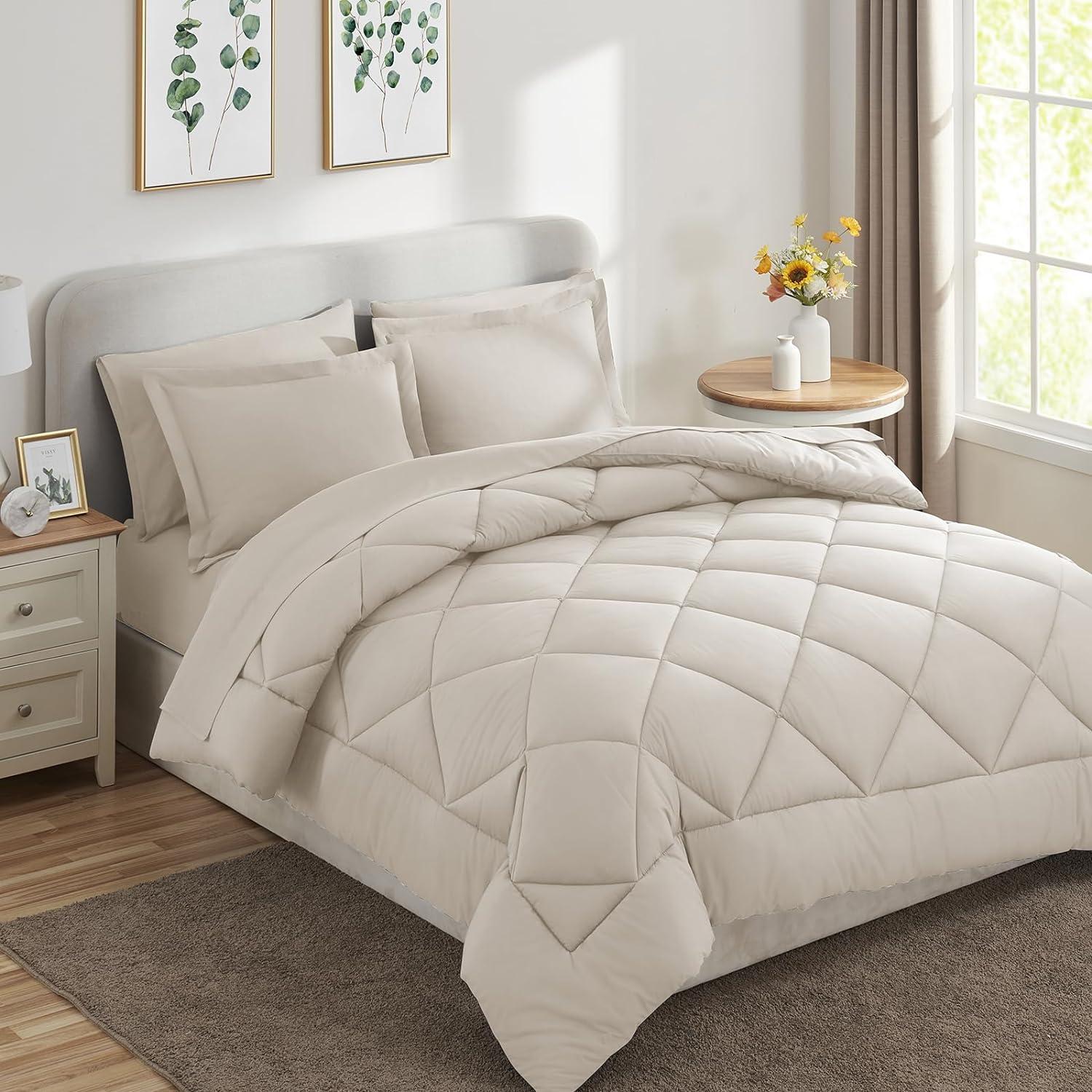 Cozy Comfort Beige Comforter Set - 7 Pieces Reversible Bed in a Bag with Comforters, Sheets, Pillowcases & Shams, Bedding Sets