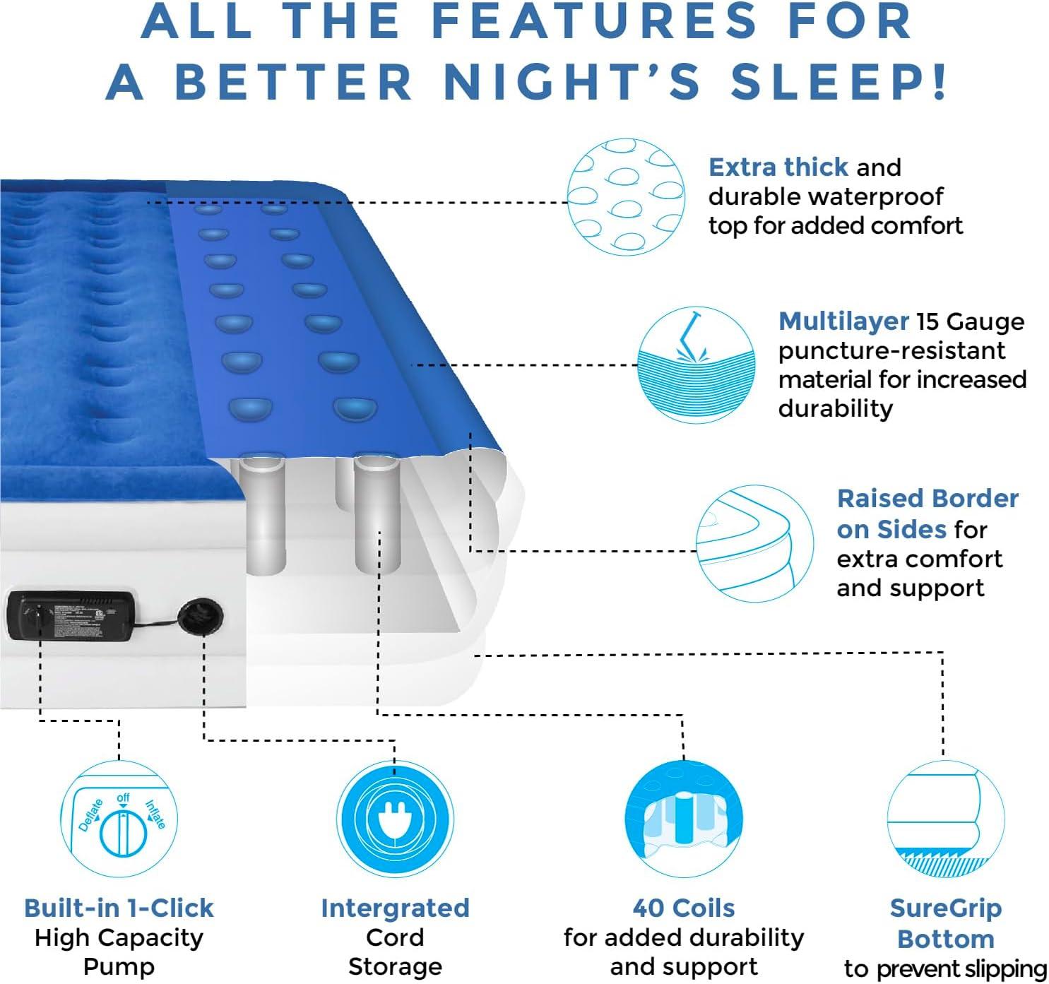 SoundAsleep Dream Series Air Mattress with ComfortCoil Technology & Internal High Capacity Pump -  Queen - Blue