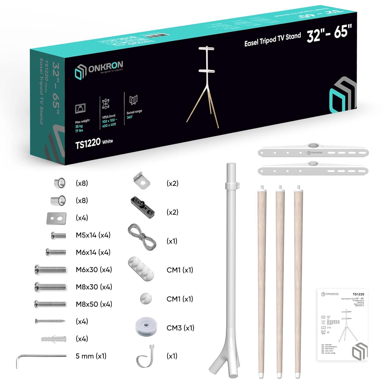 ONKRON Tripod TV Stand Wood for TVs up to 65" and 77 lbs, Swivel Floor Corner TV Stand Adjustable