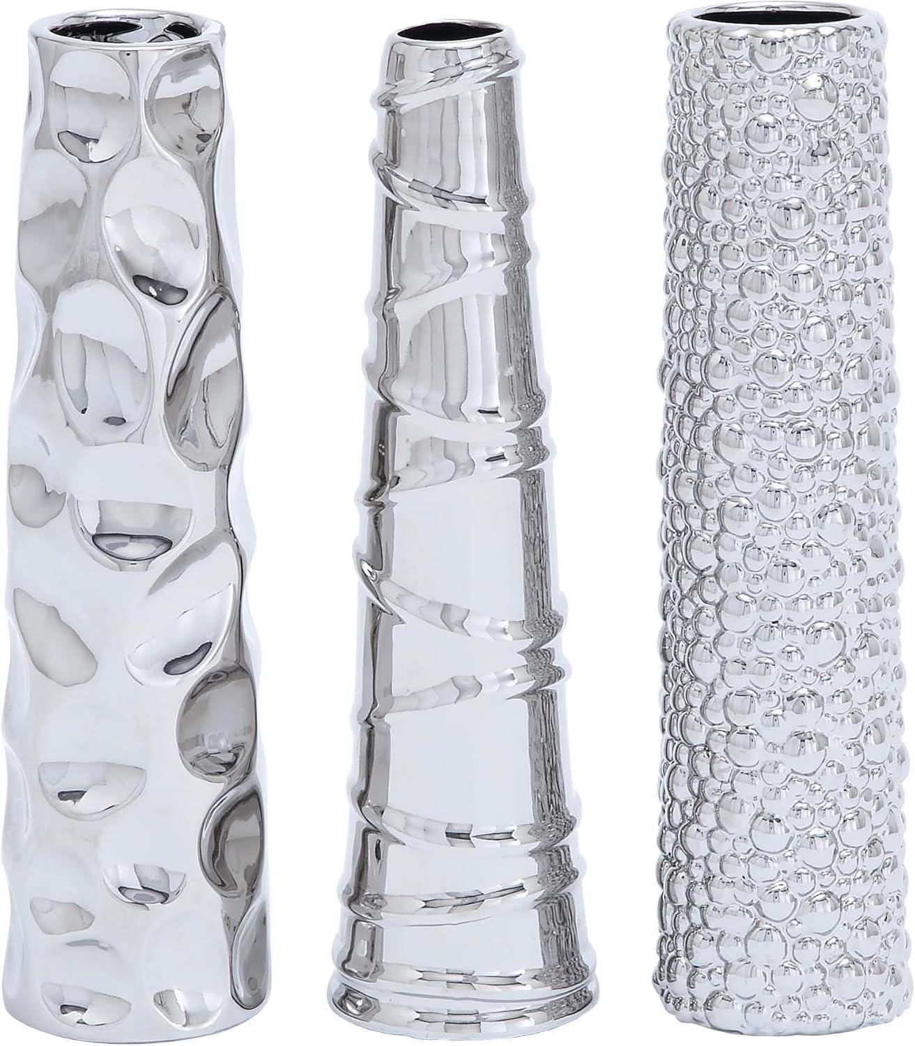 DecMode 12"H, 3"W Silver Ceramic Vase with Varying Patterns, Set of 3