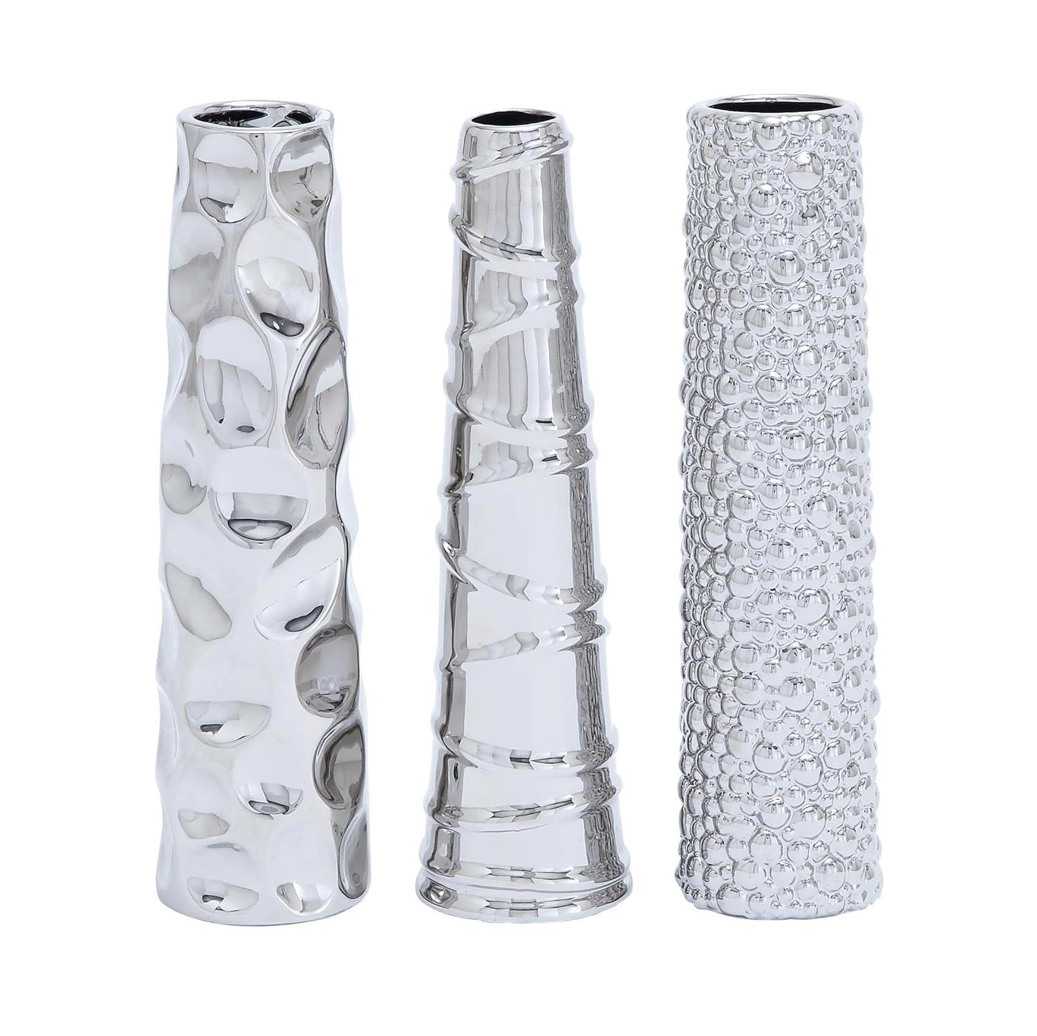 Elegant Trio Silver Ceramic Decorative Vases 12" Set of 3
