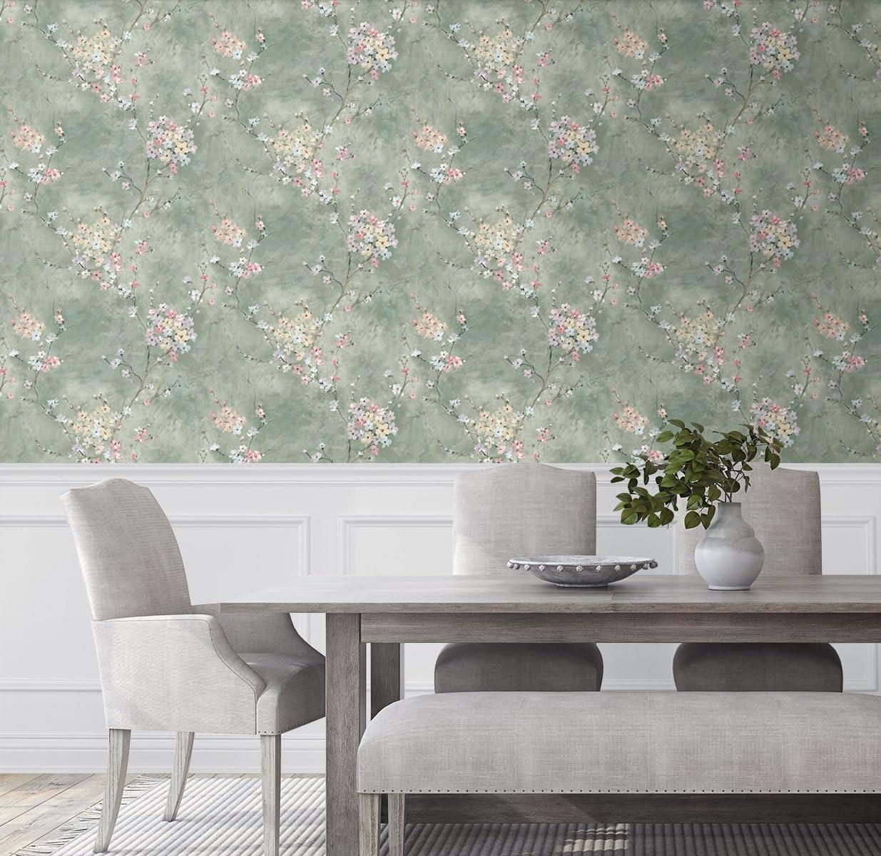 Harry & Grace Green Smoke Floral Blossom Peel and Stick Wallpaper - 27 in. W. x 18 ft. L. Roll