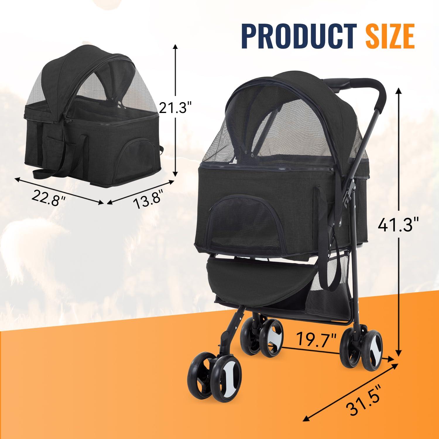 FDW Pet Stroller 3 in 1 Multi-Function Dog Stroller Jogging Stroller with Detachable Carrier, Lightweight Travel Stroller for Small and Medium-Sized Pets (Black, 3 Wheels)