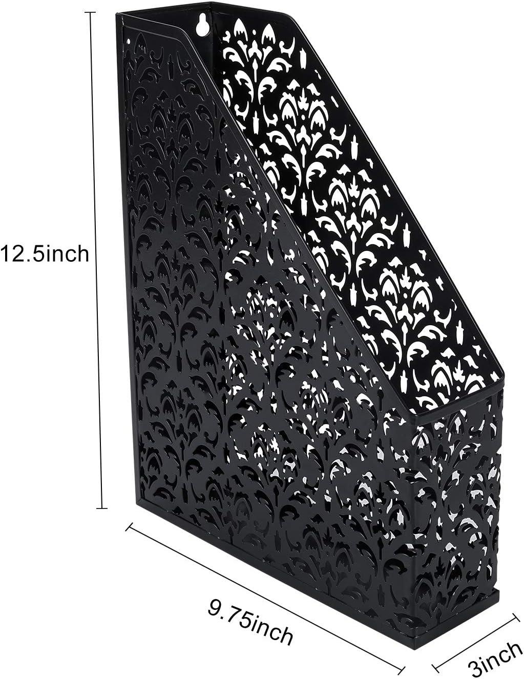EasyAPG Heavy Duty Metal Magazine File Holder - Carved Hollow Flower Pattern Design, No Assembly Desk Organizer for Legal Size Files, Home Office Storage Rack, Black