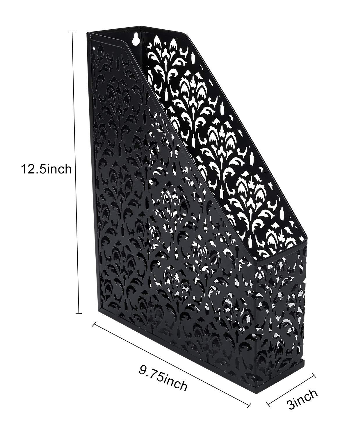 EasyAPG Heavy Duty Metal Magazine File Holder - Carved Hollow Flower Pattern Design, No Assembly Desk Organizer for Legal Size Files, Home Office Storage Rack, Black