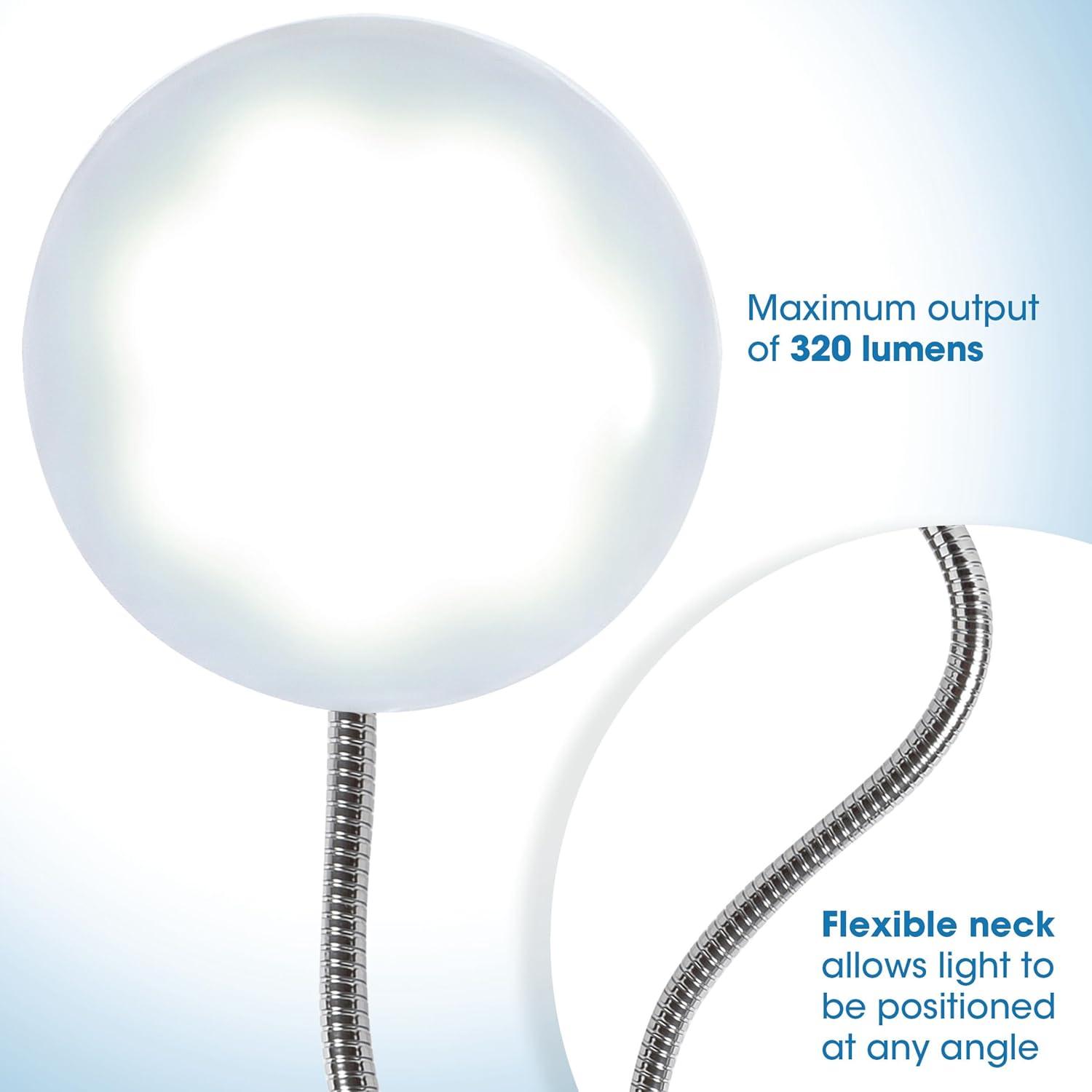 OttLite LED Cone Clip Lamp | Task Lamp, Desk Lamp | Sturdy Clip, Flexible Neck | White and Silver