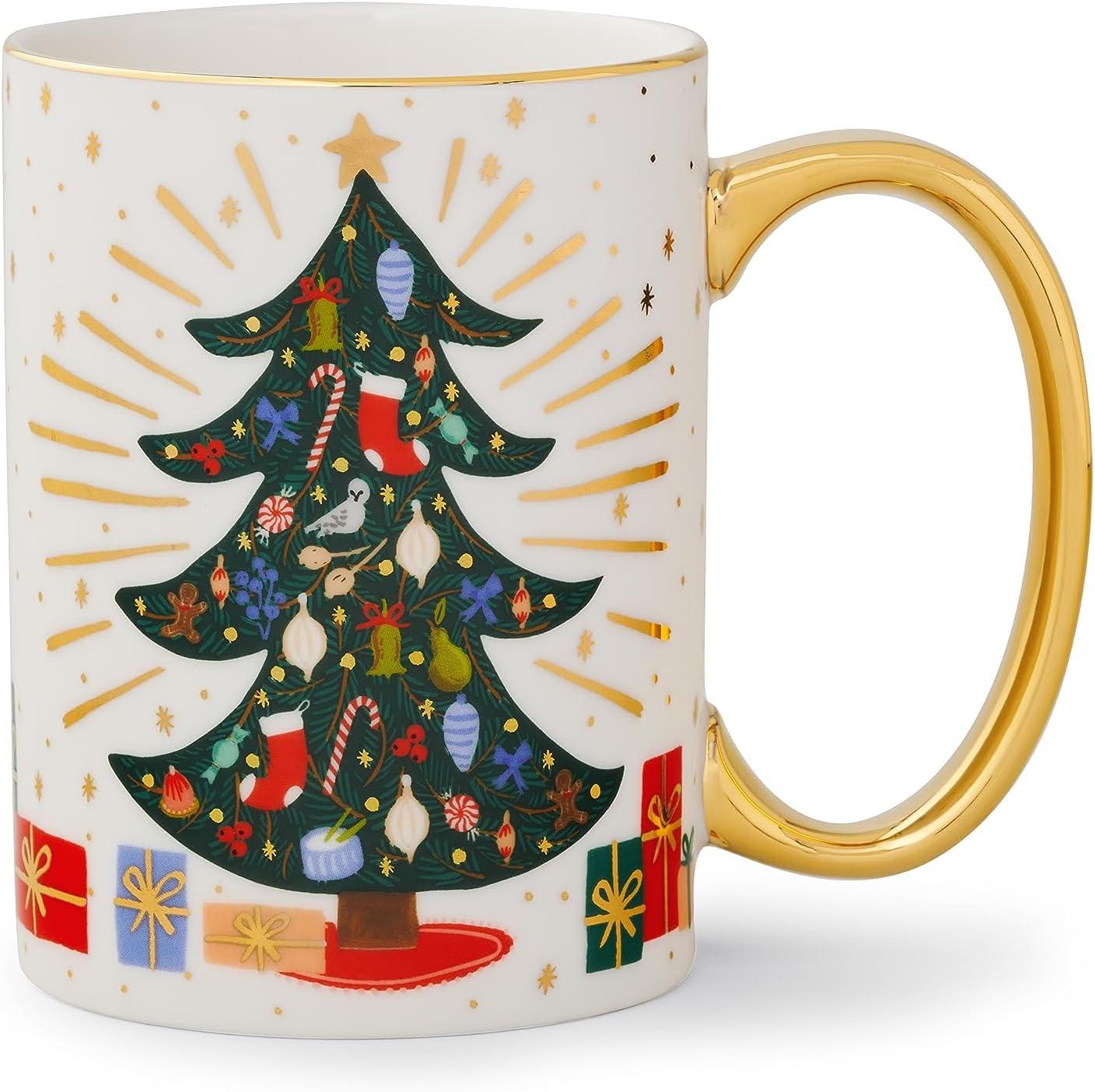 Festive Multicolor Ceramic Holiday Tree Mug with Gold Accents