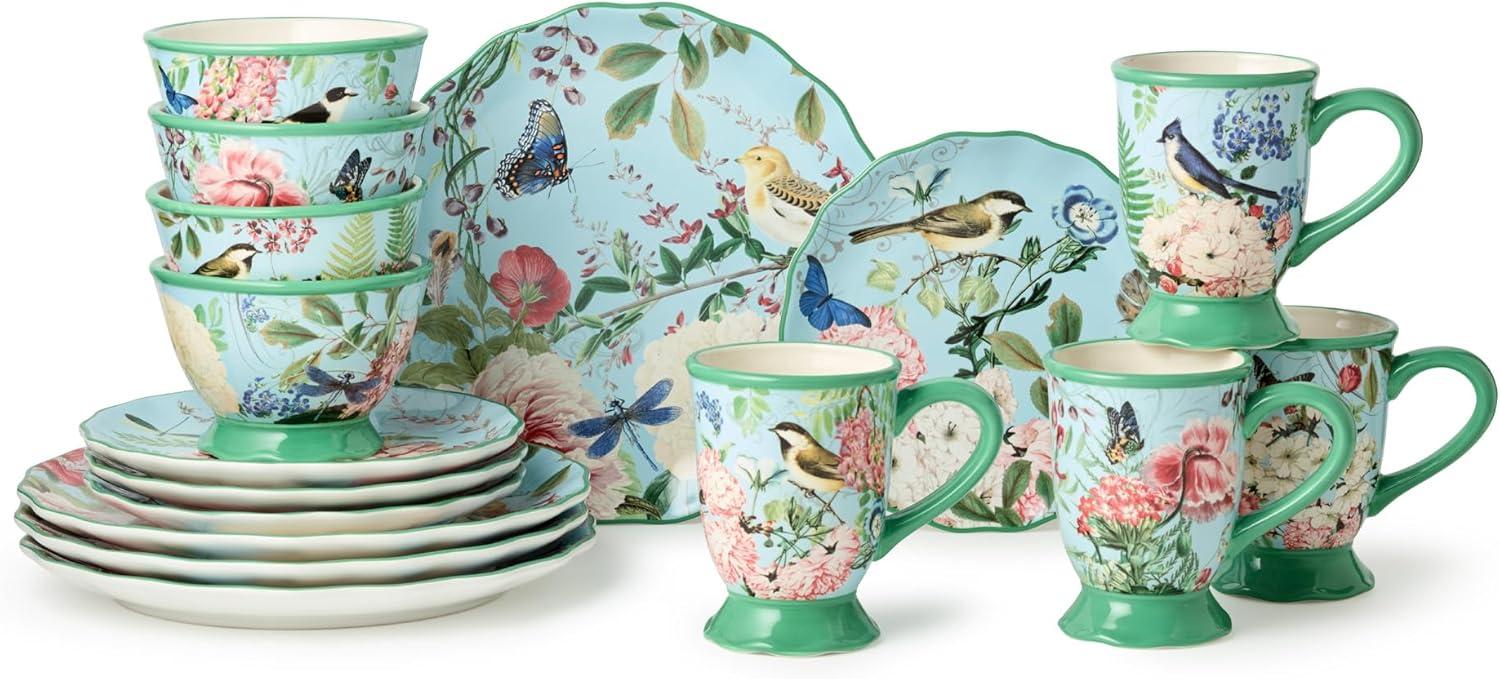 Certified International Flora 16-Piece Dinnerware Set, Service for 4 – Includes Dinner Plates, Dessert Plates, Pedestal Mugs, and Pedestal Ice Cream Bowls with Vibrant Nature-Inspired Floral Designs