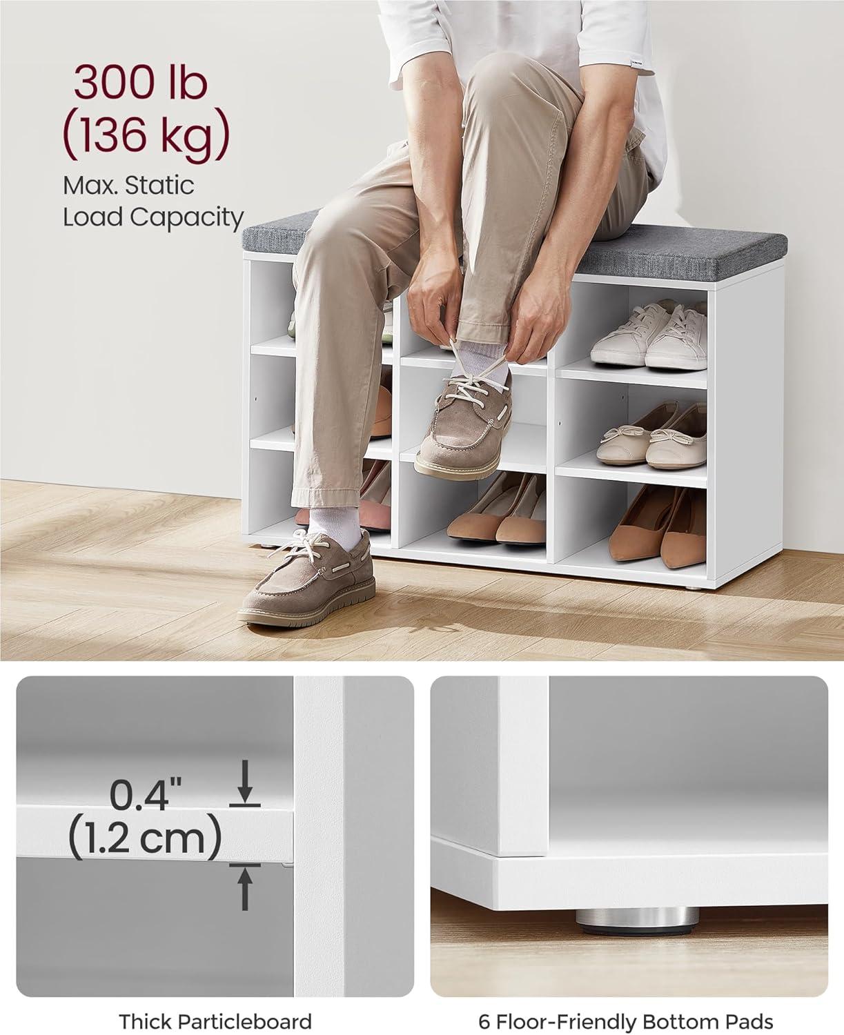 VASAGLE 9-Compartment Adjustable Shelves Storage Bench with Cushion, White and Gray