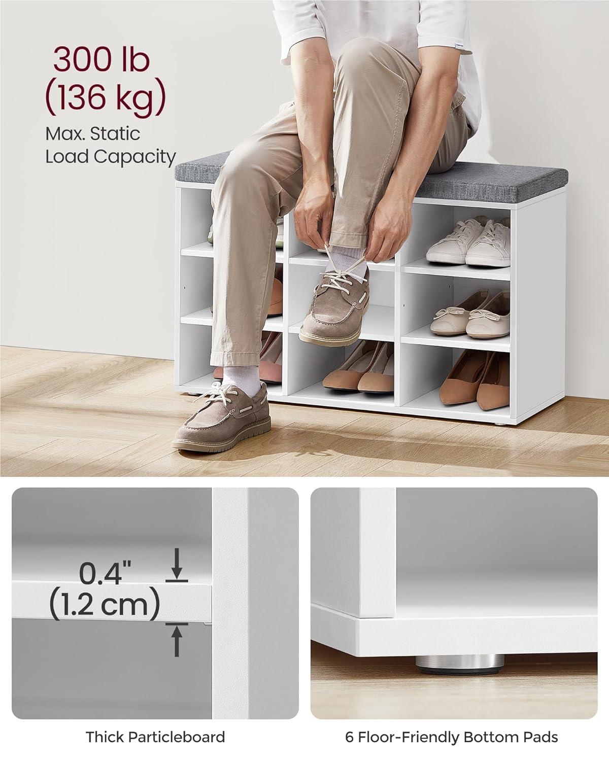 9-Compartment Adjustable Shelves Storage Bench with Cushion, White and Gray