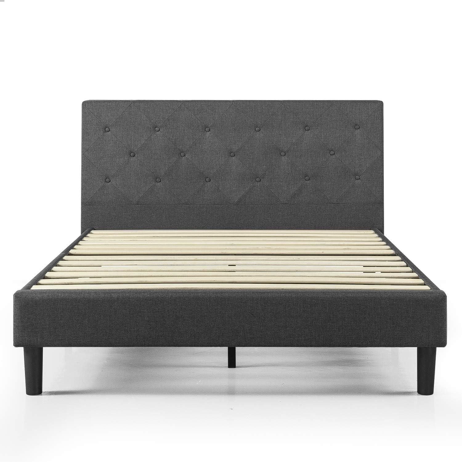 King Dark Grey Tufted Upholstered Platform Bed with Pine Slats