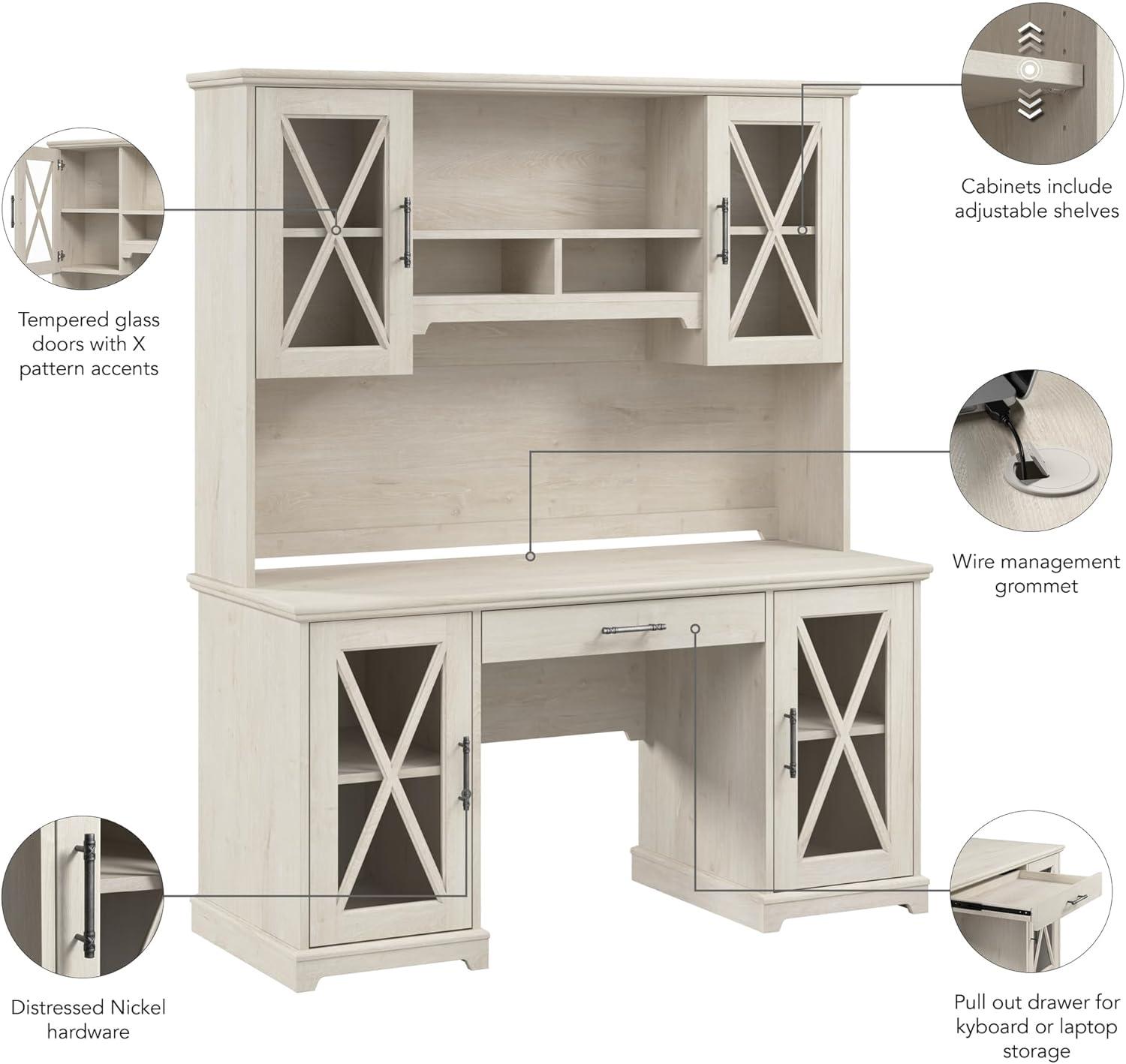 Lennox Desk with Hutch and Keyboard Tray in Linen White Oak - Engineered Wood