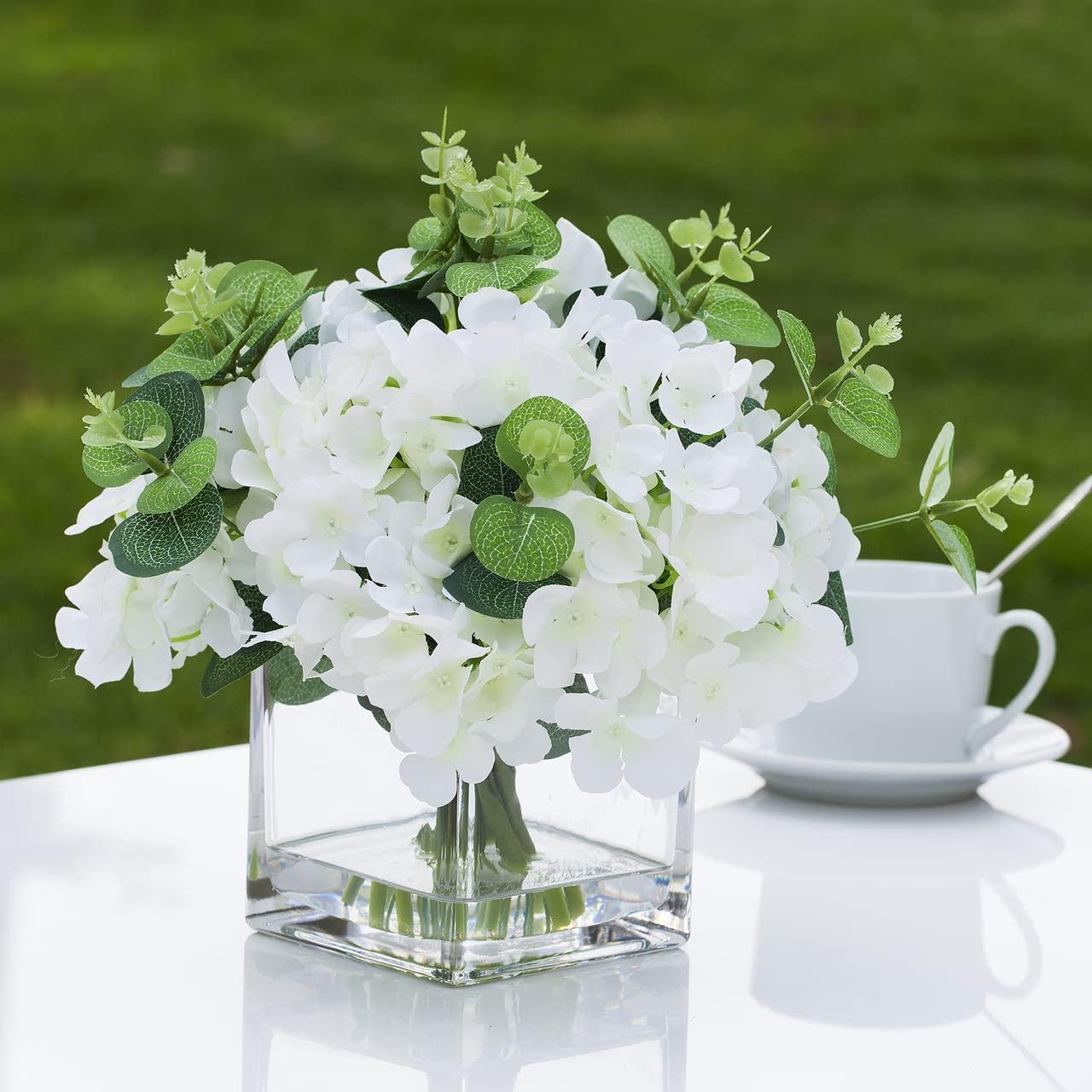 ENOVA FLORAL Faux Hydrangea Flowers with Vase, Mixed Fake Hydrangea Flowers and Greenery in Vase with Faux Water for Dining Table Decoration, Wedding Centerpieces