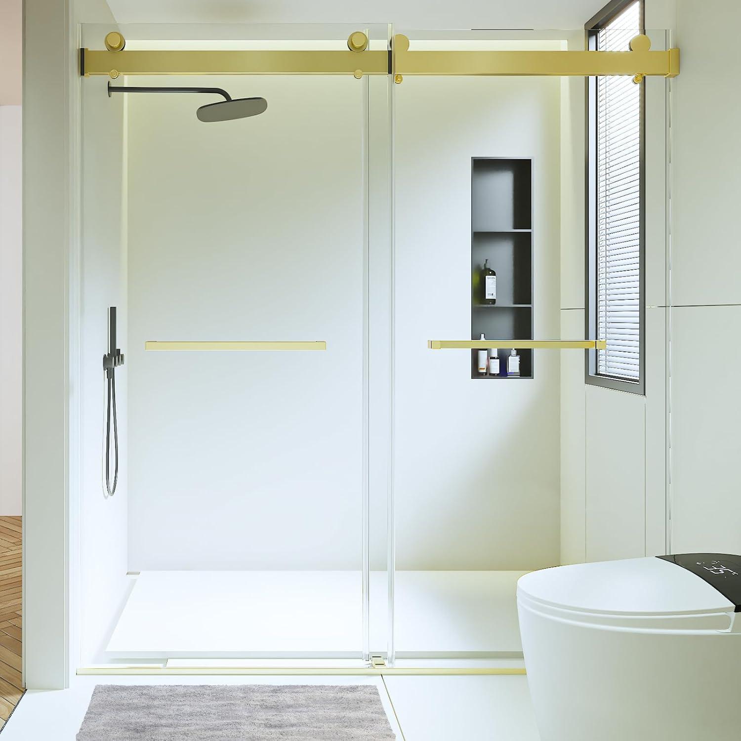 Brushed Gold Frameless Double Sliding Shower Door with Clear Tempered Glass