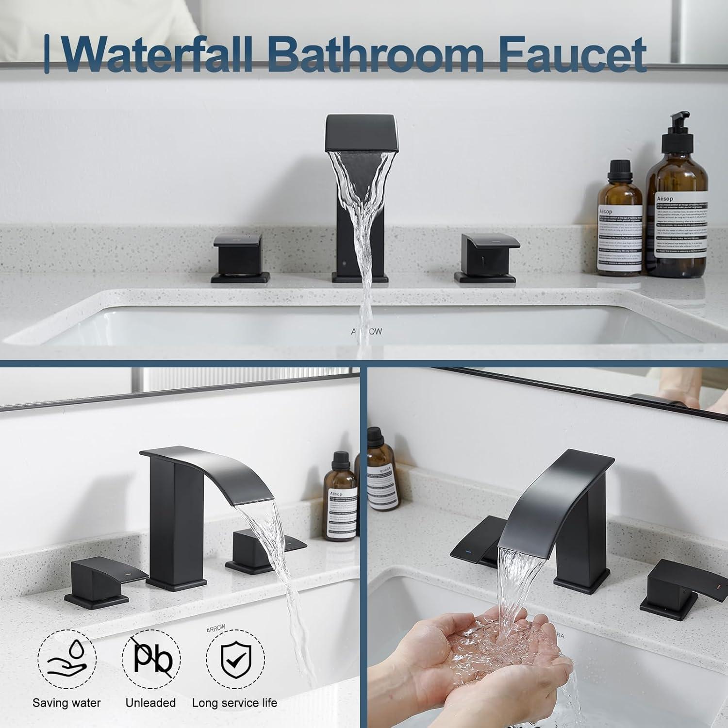 Matte Black Modern Waterfall 3-Piece Bathroom Faucet Set