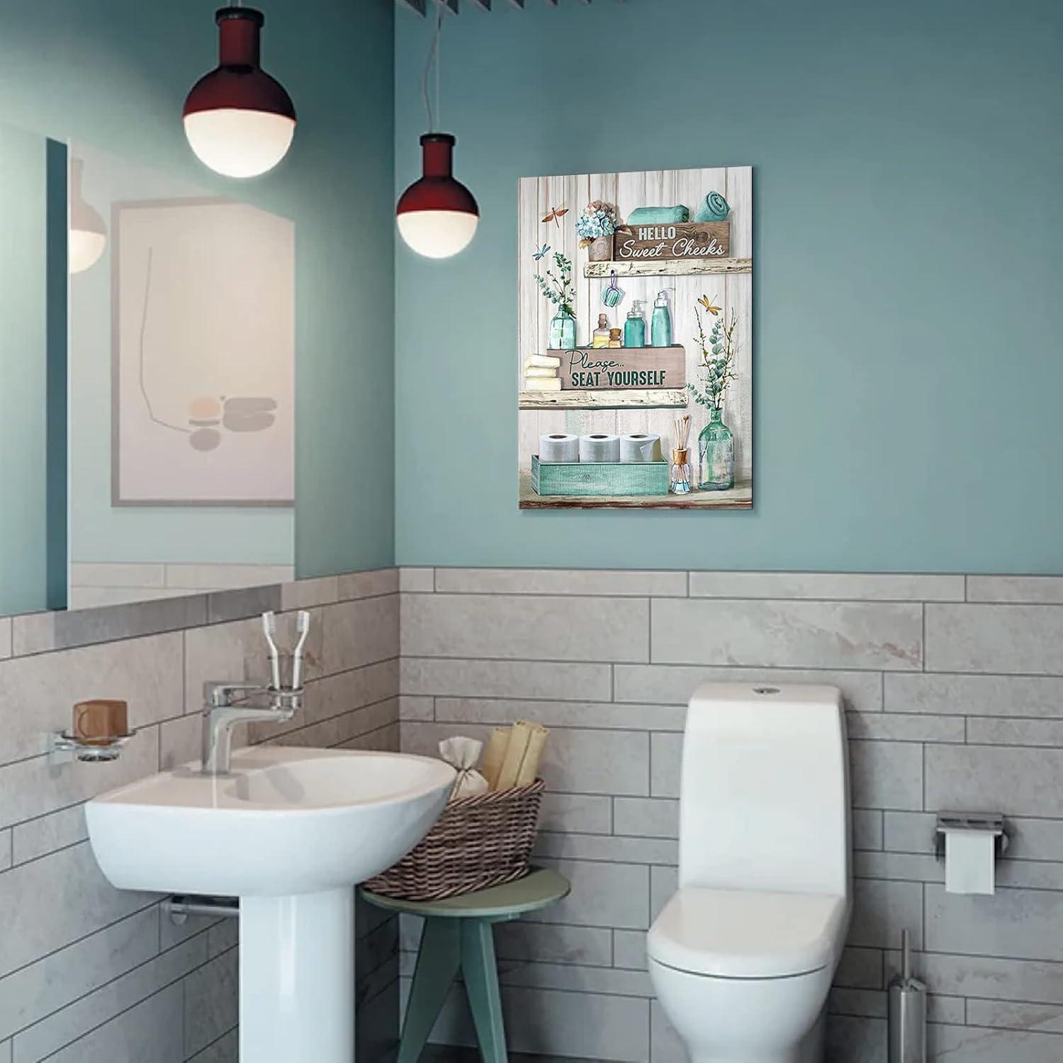 Rustic Bathroom Sign - Turquoise Canvas Wall Art - Modern Home Decor - Framed, Ready To Hang - 12x16 Inch