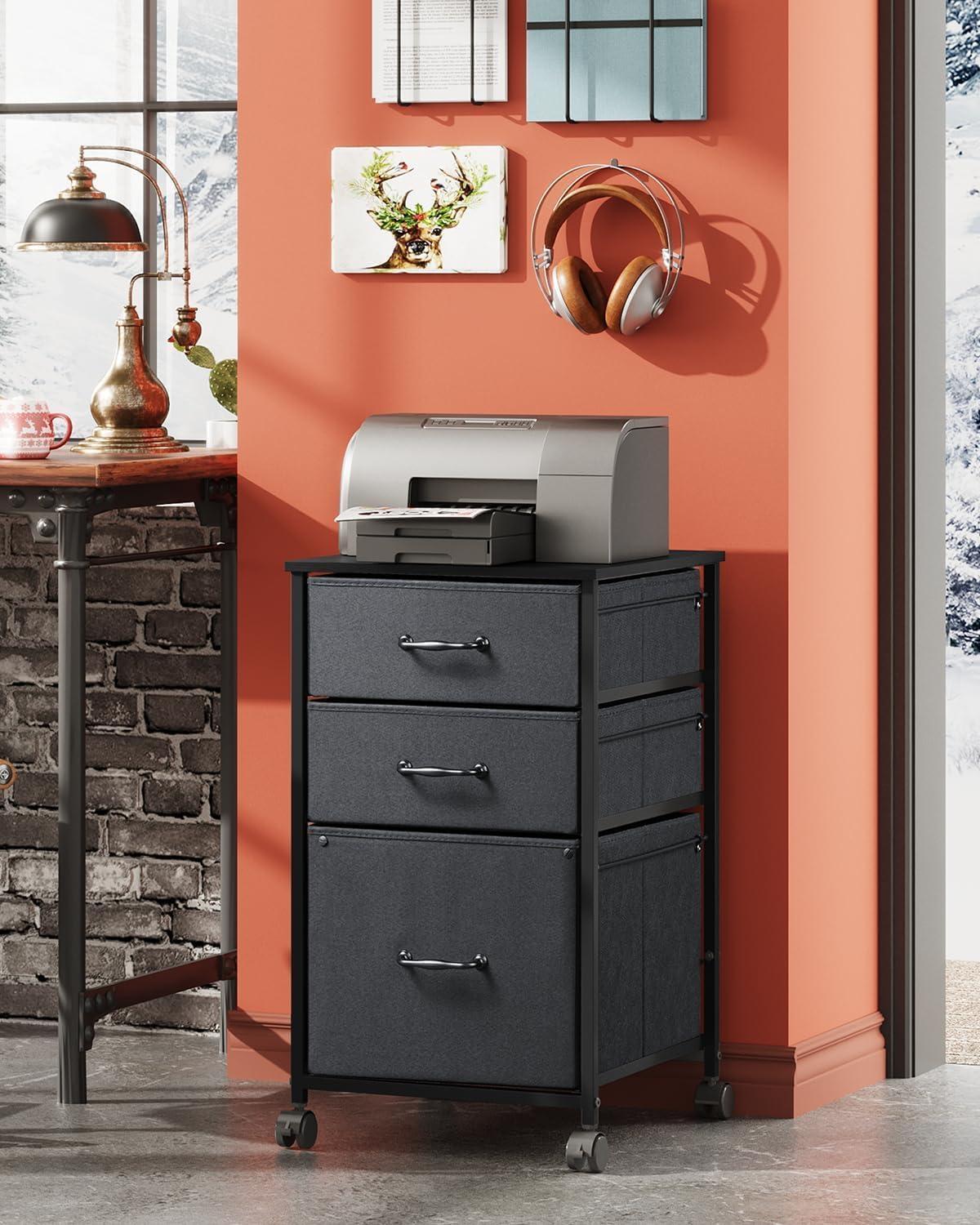 Black Fabric 3-Drawer Mobile File Cabinet with Steel Frame