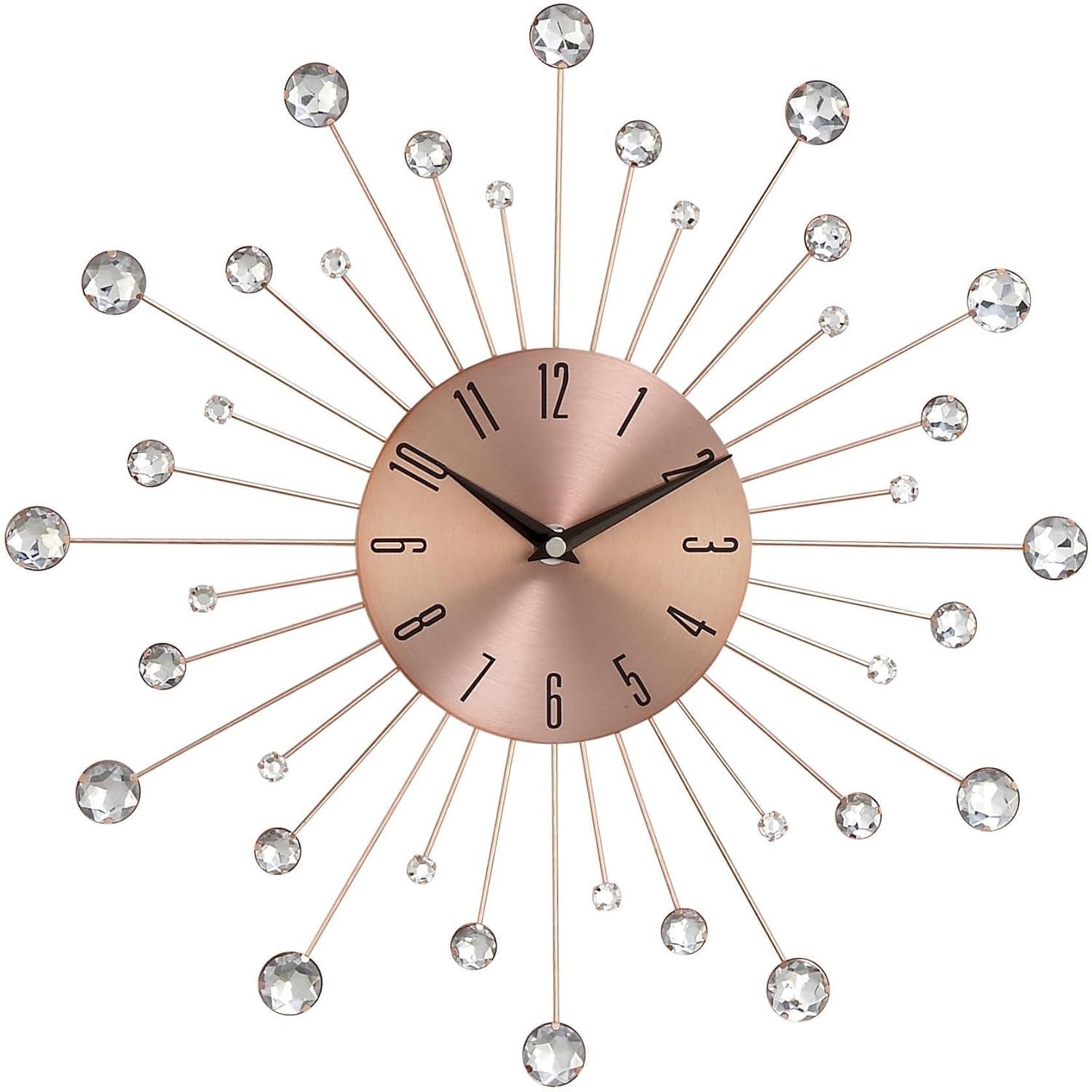 DecMode 15" Copper Metal Starburst Wall Clock with Crystal Accents