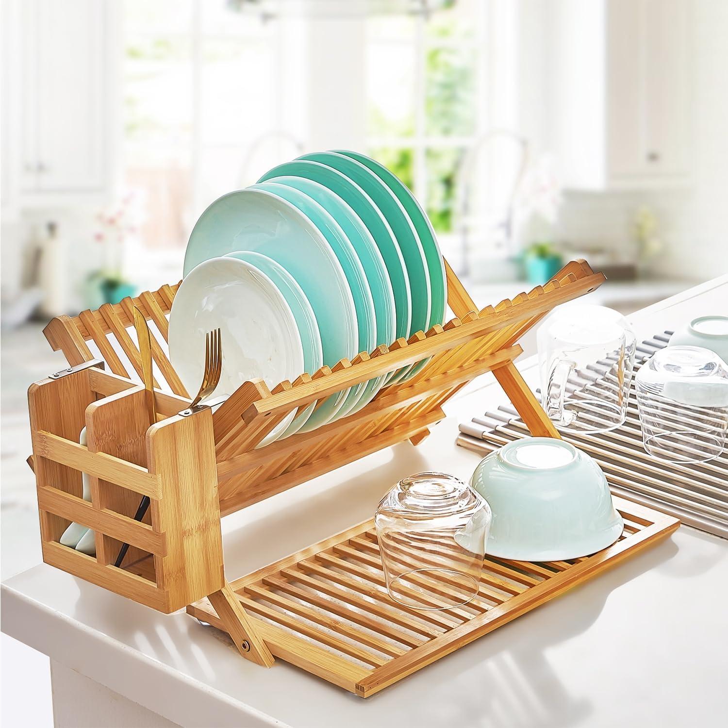 Bamboo Dish Drying Rack with Utensil Holder, Collapsible Wooden Dish Drainer Rack, 3-Tier Large Folding Drying Holder for Kitchen Counter