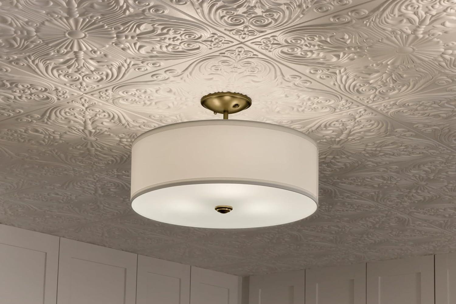 Shailene 14" 3 Light Round Semi Flush with Satin Etched White Diffuser and White Microfiber Shade in Brushed Nickel