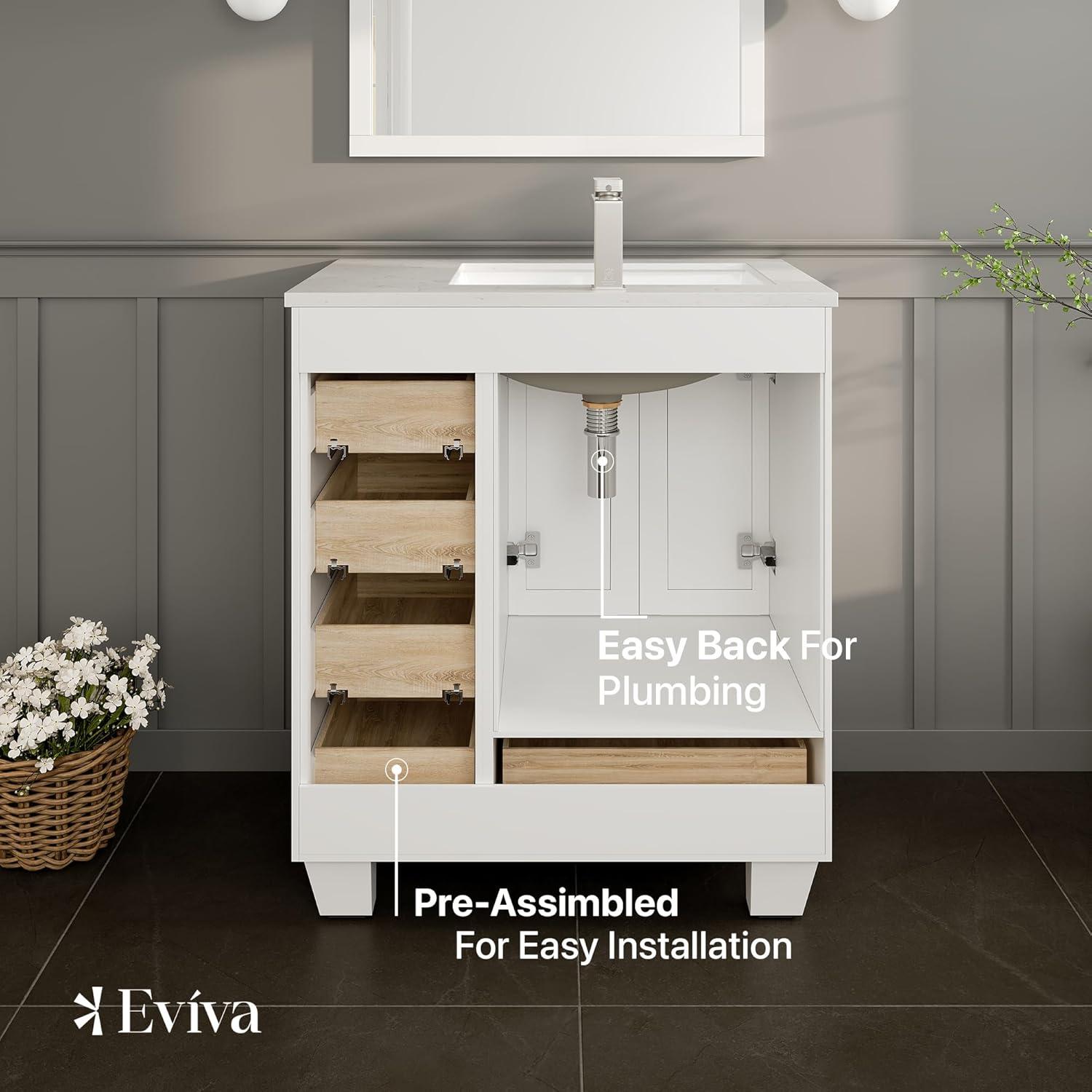 Eviva Happy 28"W x 18"D White Bathroom Vanity with White Carrara Quartz Vanity Top and Rectangular Undermount Sink