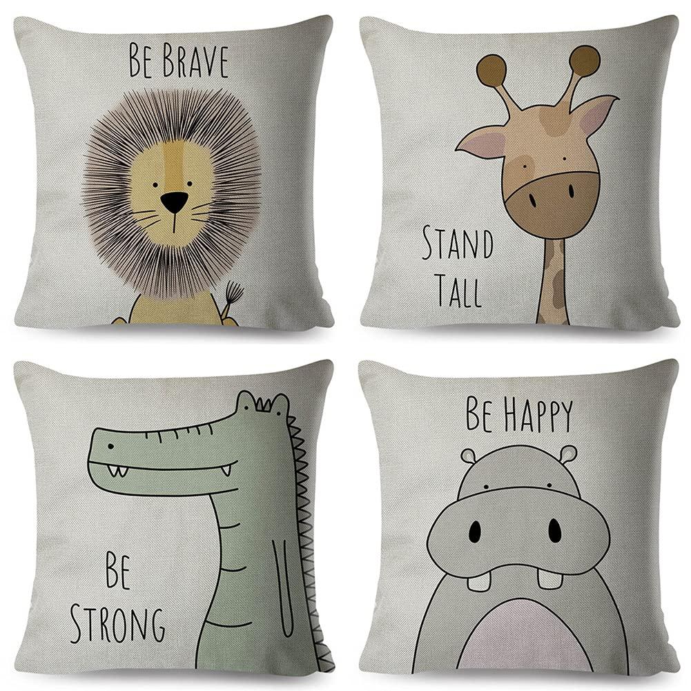 Cartoon Animal Pillow Covers Kids Pillowcase 18×18 Inch Set of 4 Throw Pillow Covers Set Cotton Throw Cushion Case for Sofa Couch Home Decor School Cushion Case(Hippo, Giraffe, Lion, Crocodile)