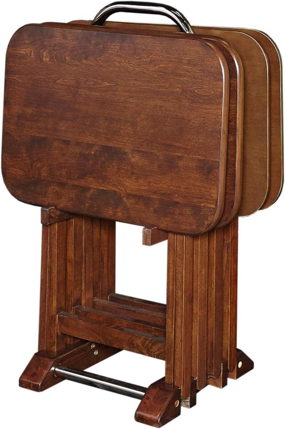 Linon Burke Wood 5 Piece Oversized Tray Table Set Chrome Handle in Dark Cherry