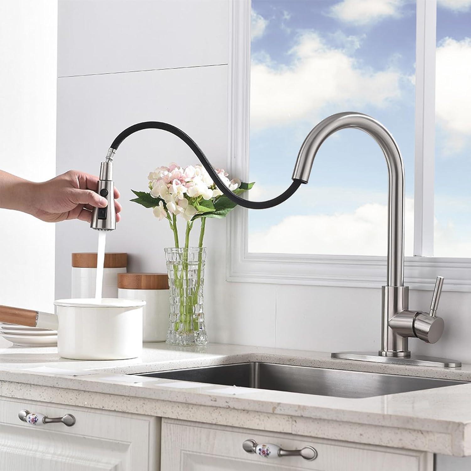 Brushed Nickel Kitchen Sink Faucet with Pull Down Sprayer Single Handle Single Hole Mixer Tap