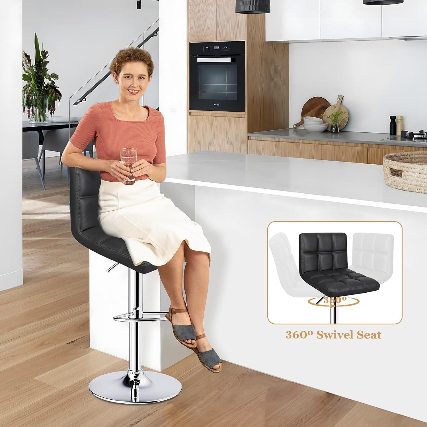 Barstools Set of 2 Counter Height Bar Stools Height Adjustable Back PU Leather Swivel Stools Hydraulic Swivel Dining Chairs for Kitchen Bar Restaurant Living Room, Black