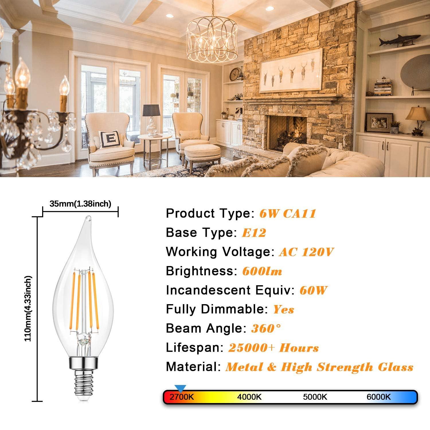 Dimmable E12 Candelabra LED Bulbs 60 Watt Equivalent, 2700K Warm White, Clear Filament LED Chandelier Light Bulbs 6W, 600lm, CA11 Vintage Ceiling Fan Light Bulb with Flame Tip, 12-Pack