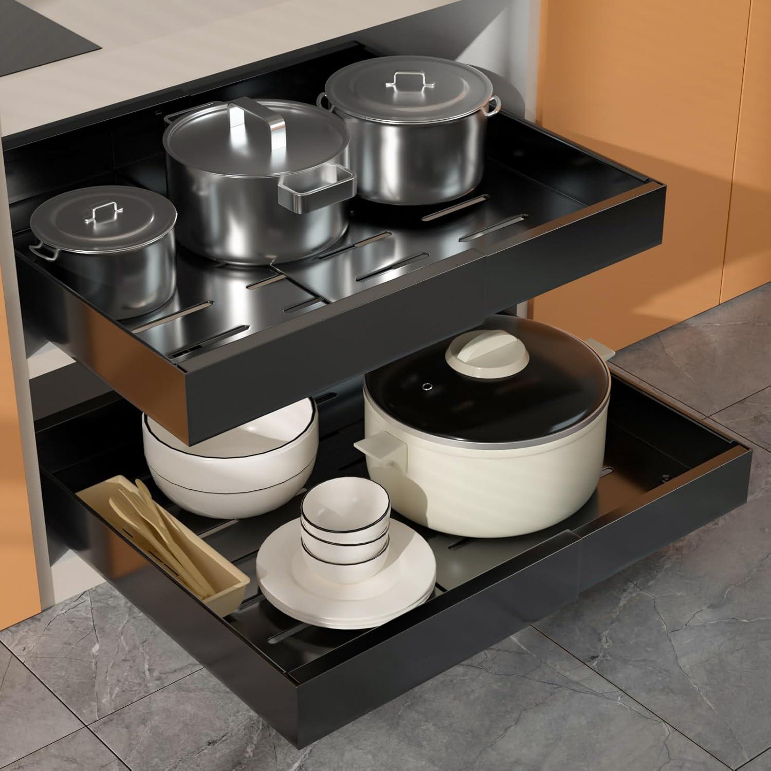 Pull Out Cabinet Organizer 2 pack,Expandable (12.6"-20.4") Pull Out Drawers for Cabinets, Slide Out Cabinet Organizers with Adhesive Nano Film for Kitchen Cabinet Organization