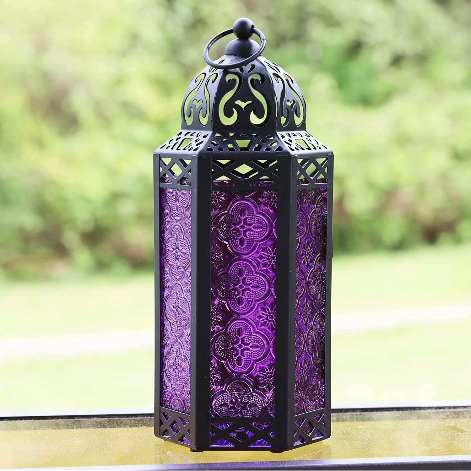 VELA LANTERNS 10.5" Purple Gothic Moroccan Candle Lantern Decorative Candle Holder Lamp for Table or Hanging, Ramadan Decorations, Indoor Home Room Halloween Decor, Outdoor Patio or Porch, Medium