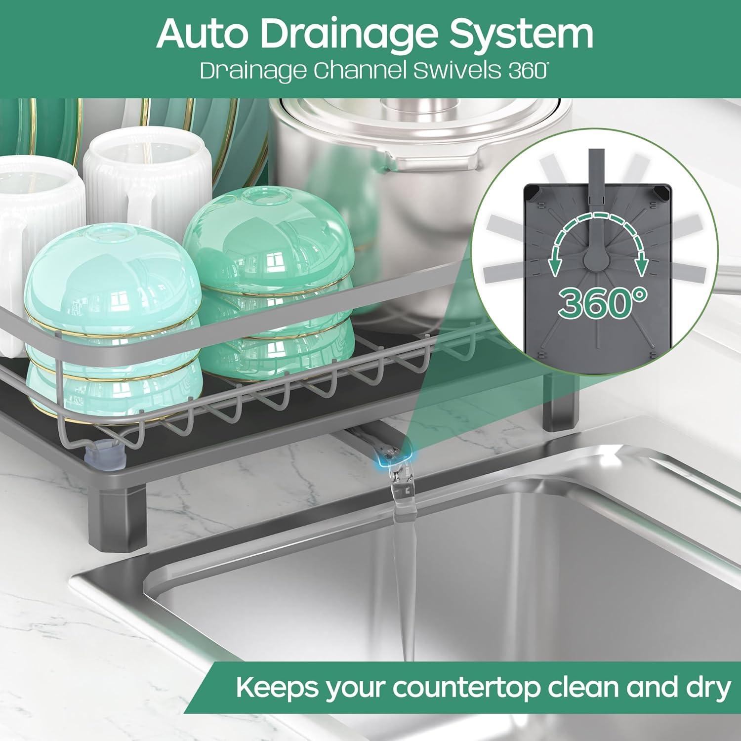 R&M Furniture Stainless Steel Rustproof Dish Drying Rack - Sturdy Dish Drainer for Kitchen Countertops with Drainer Plate, Multifunctional Design, Suitable for a Variety of Kitchen Utensils, Dimensions 16.2“ (L) x 12.6” (W)