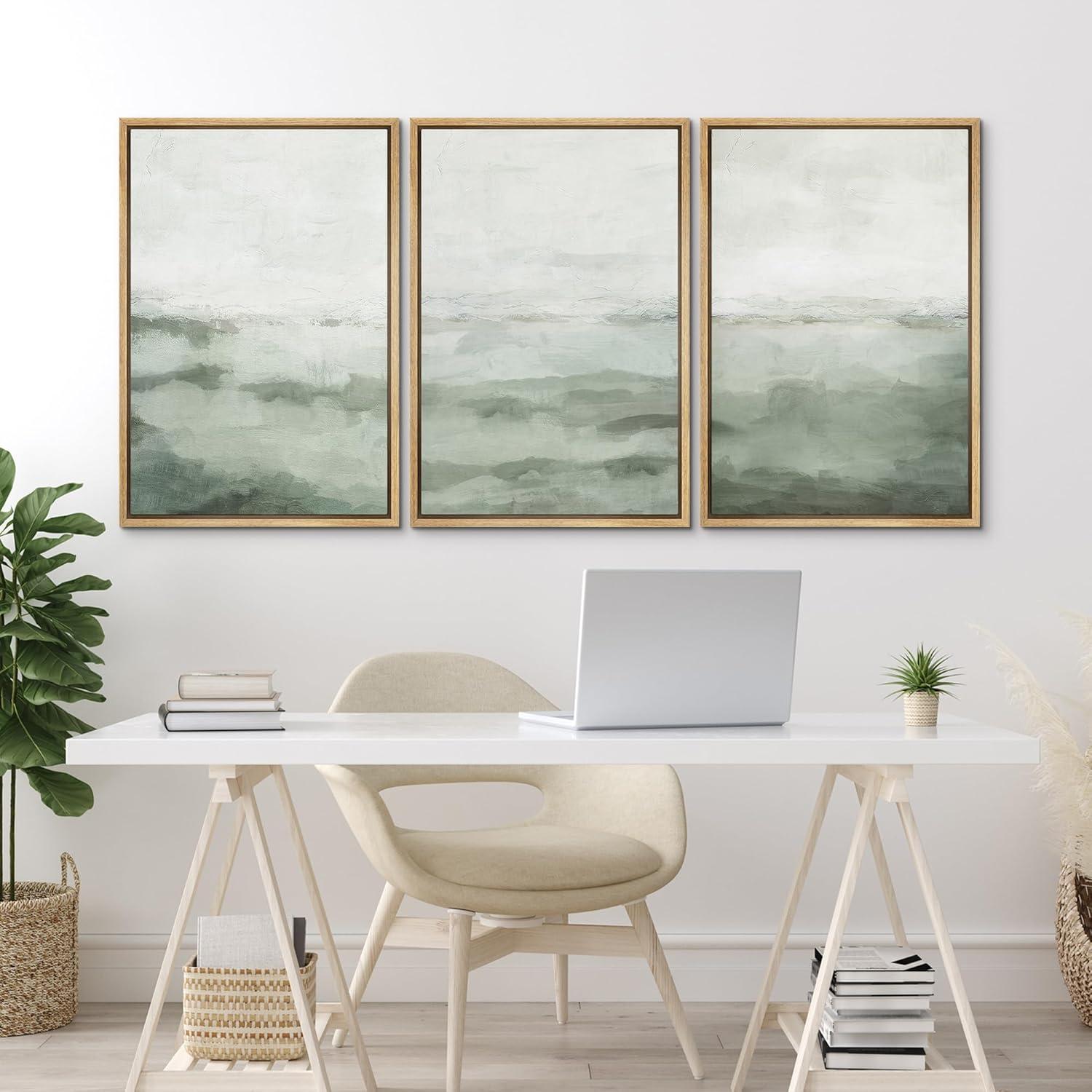 Sage Green Abstract Landscape Modern Organic Minimal Bedroom Framed Canvas Print 3 Pieces Wall Art