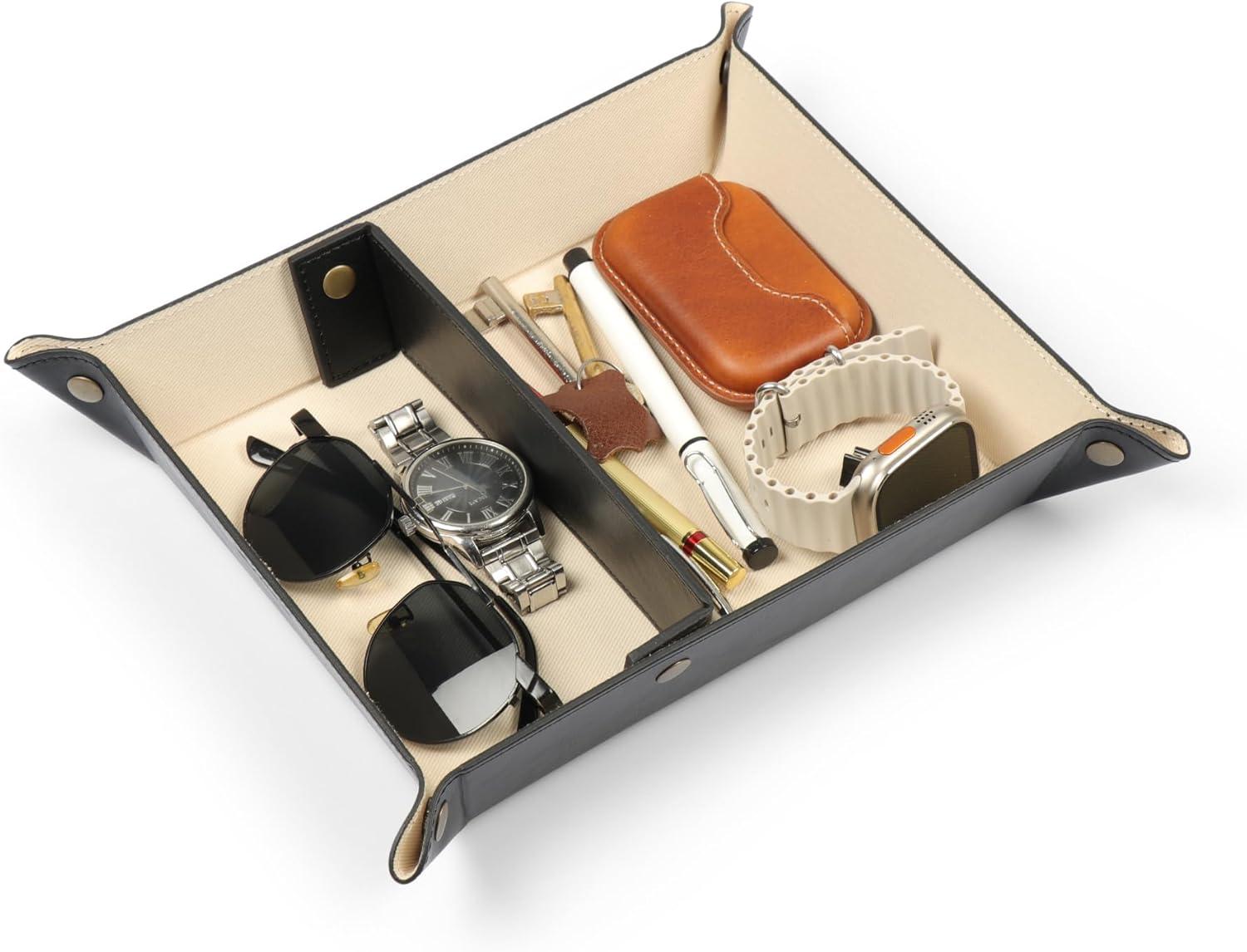Londo Leather Tray Organizer, Practical Storage Box for Wallets, Watches, Keys, Coins, Cell Phones and Office Equipment