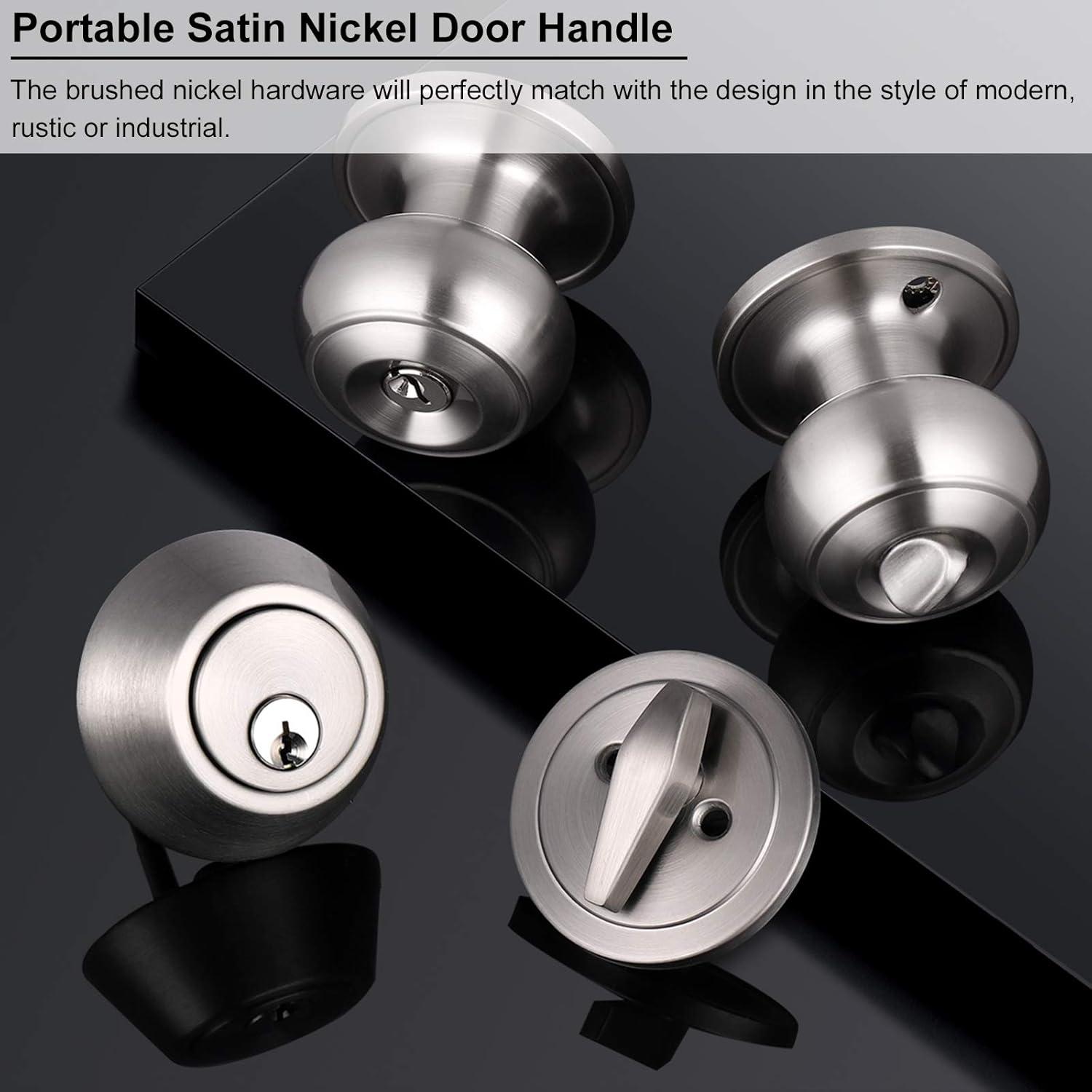 Brushed Nickel Round Stainless Steel Entry Knob and Deadbolt Set