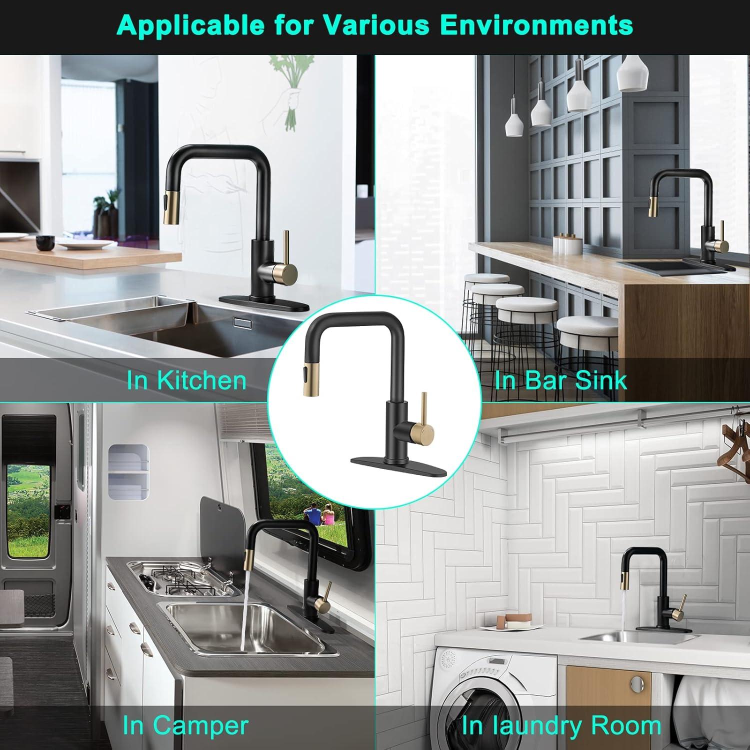 Matte Black and Brushed Gold Stainless Steel Pull-Out Kitchen Faucet