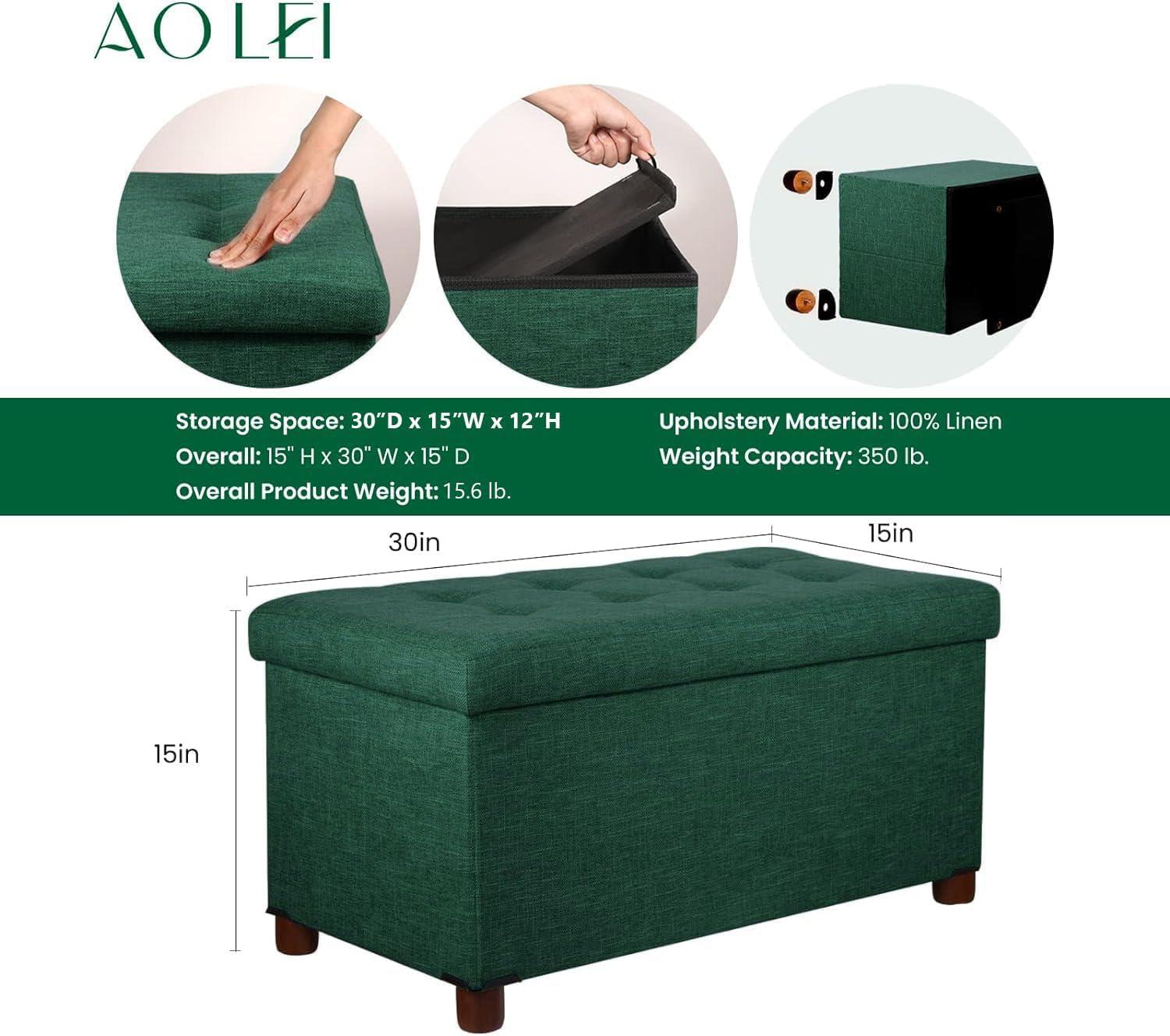 30 Inches Storage Ottoman Bench, Storage Bench with Wooden Legs for Living Room Ottoman Foot Rest Removeable Lid for Bedroom End of Bed, Linen Fabric Green Color