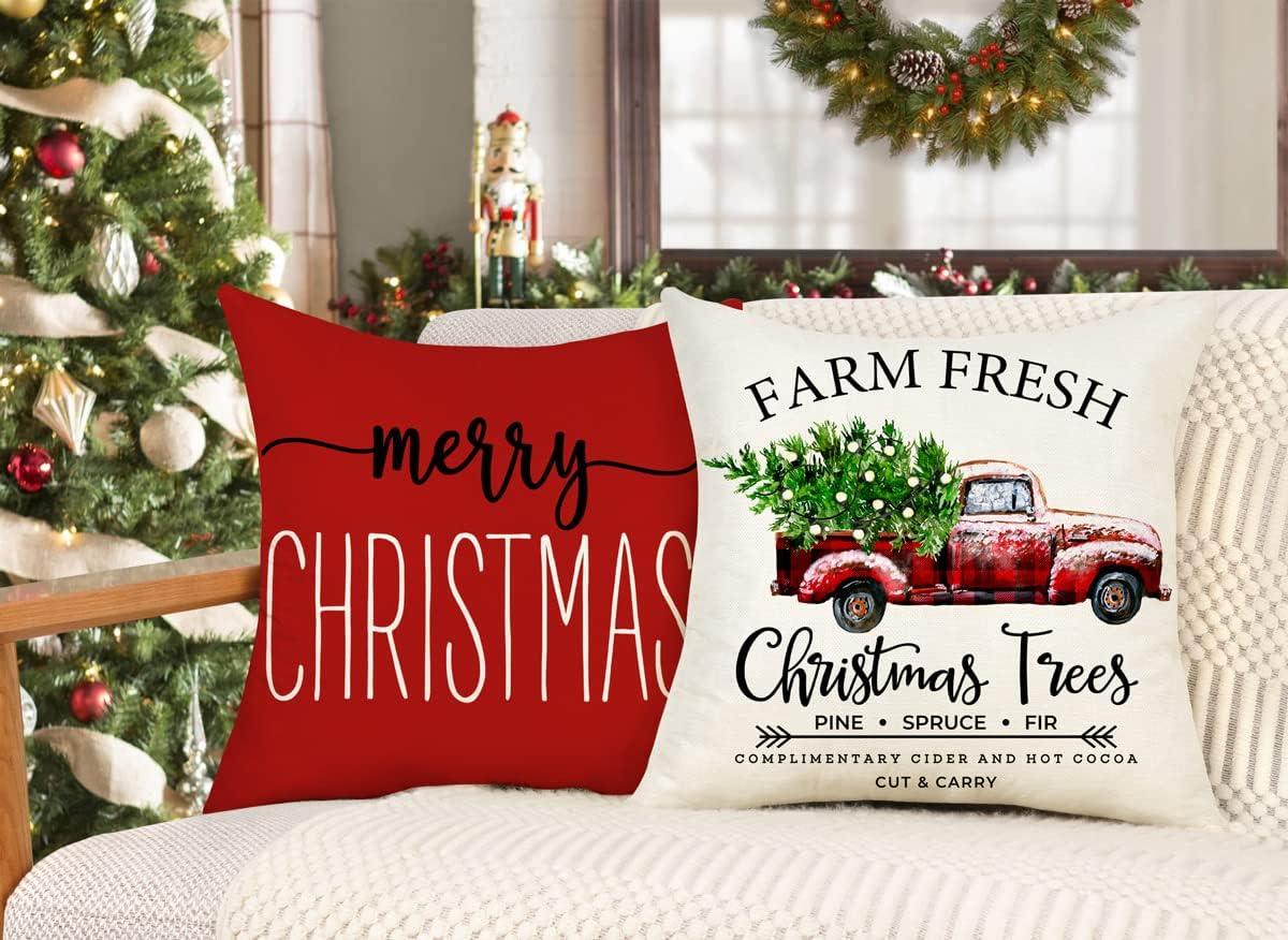 BEAUTY Merry Christmas Throw Pillow Covers 18 x 18 Inch Set of 4  Red Barn Merry & Bright Xmas Farmhouse Holiday Pillowcases for Home Outdoor Decoration CP053-18