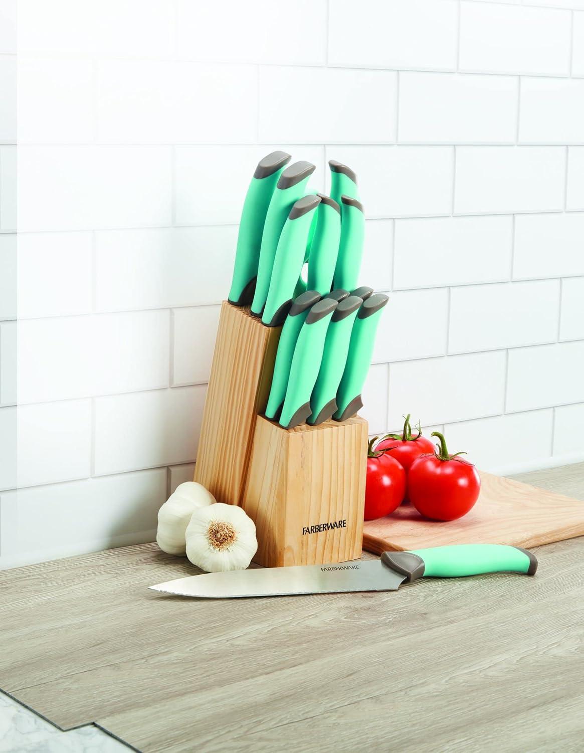 Aqua and Gray 14-Piece Soft Grip Knife Block Set