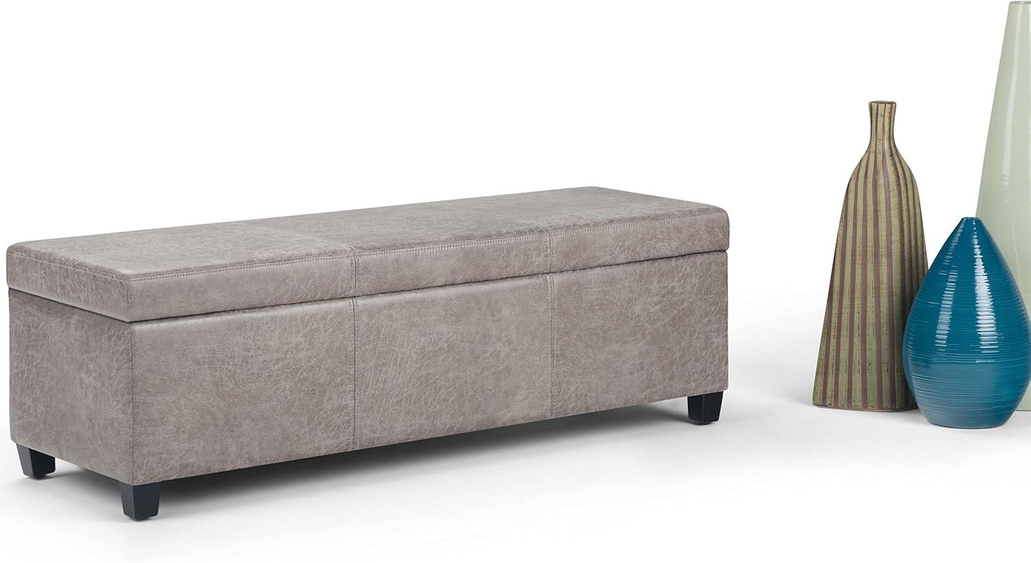 Simpli Home Avalon Storage Ottoman Bench In Distressed Grey Taupe Vegan Faux Leather