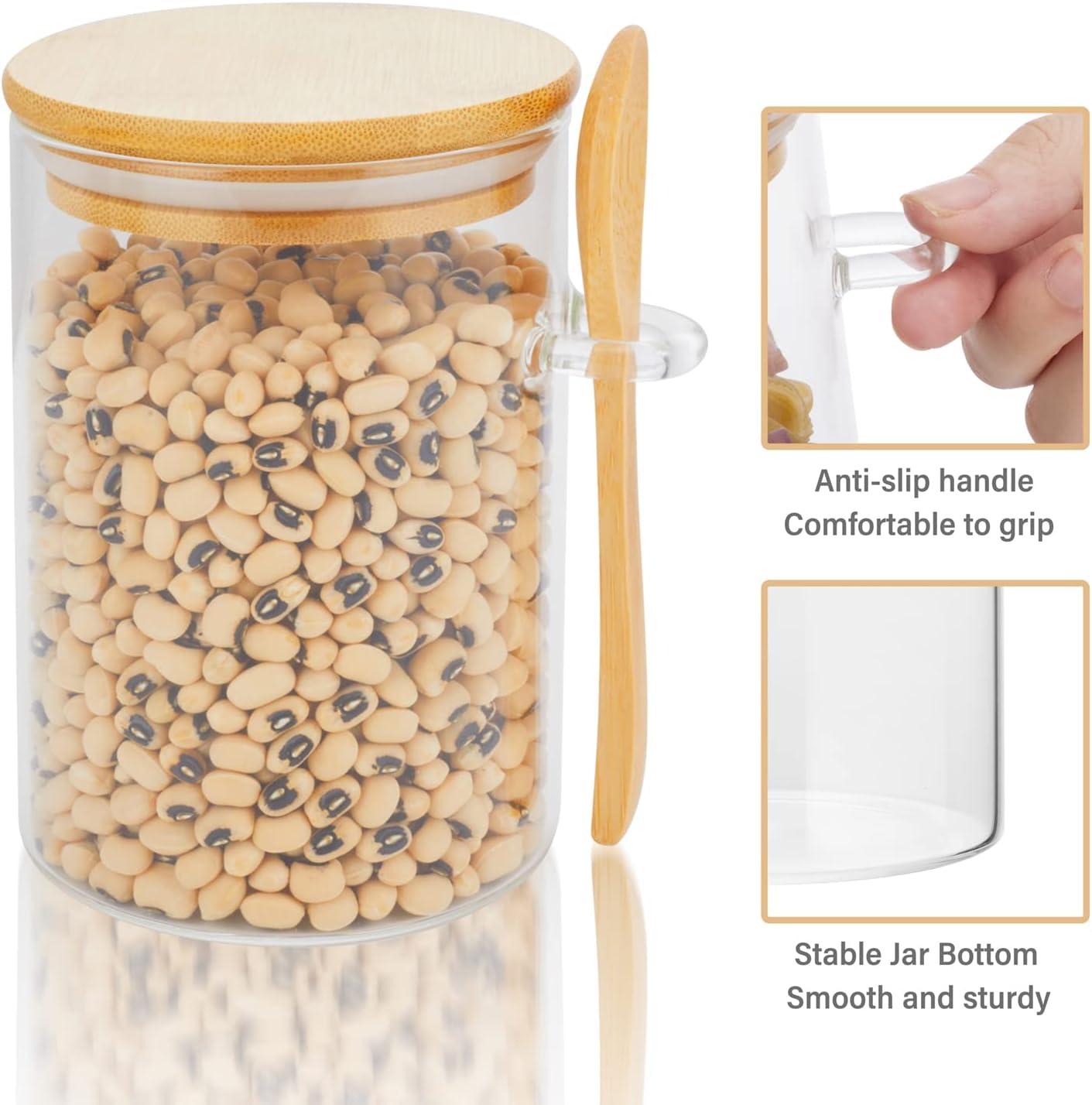 3 Pack Glass Containers Jars with Bamboo Airtight Lid and Spoon, 15Oz Glass Food Storage Canisters, Kitchen Organization Jar Set for Coffee Beans, Tea, Flour, Salt, Nuts, Candy, Cookie and More