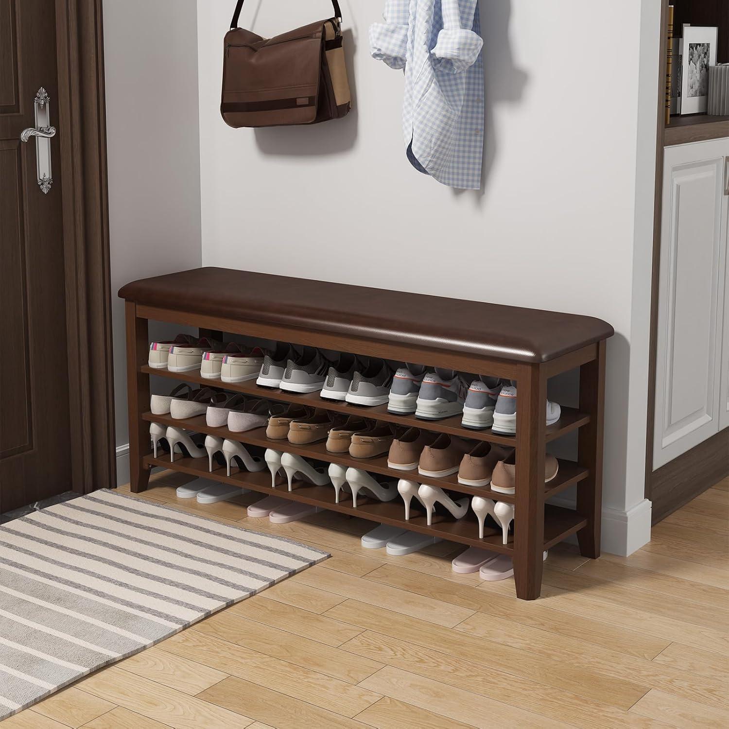 Shoe Bench with Leather Cushion, 3 Tiers Shoe Storage Bench, Walnut Wood Entryway Bench
