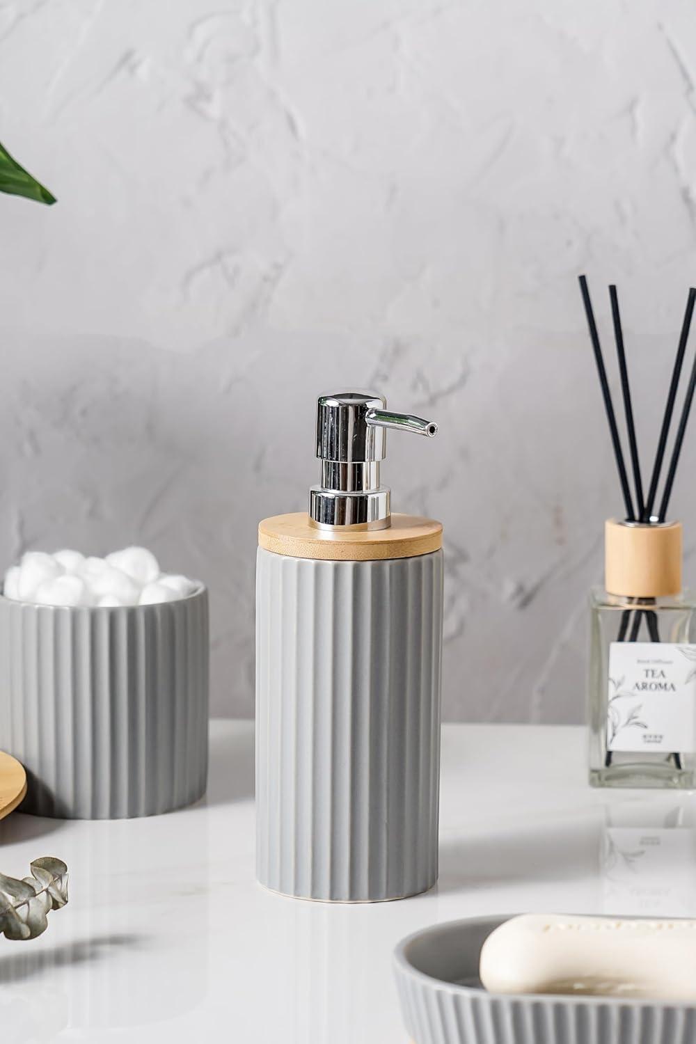 Gray Ceramic and Bamboo 5-Piece Bathroom Accessory Set