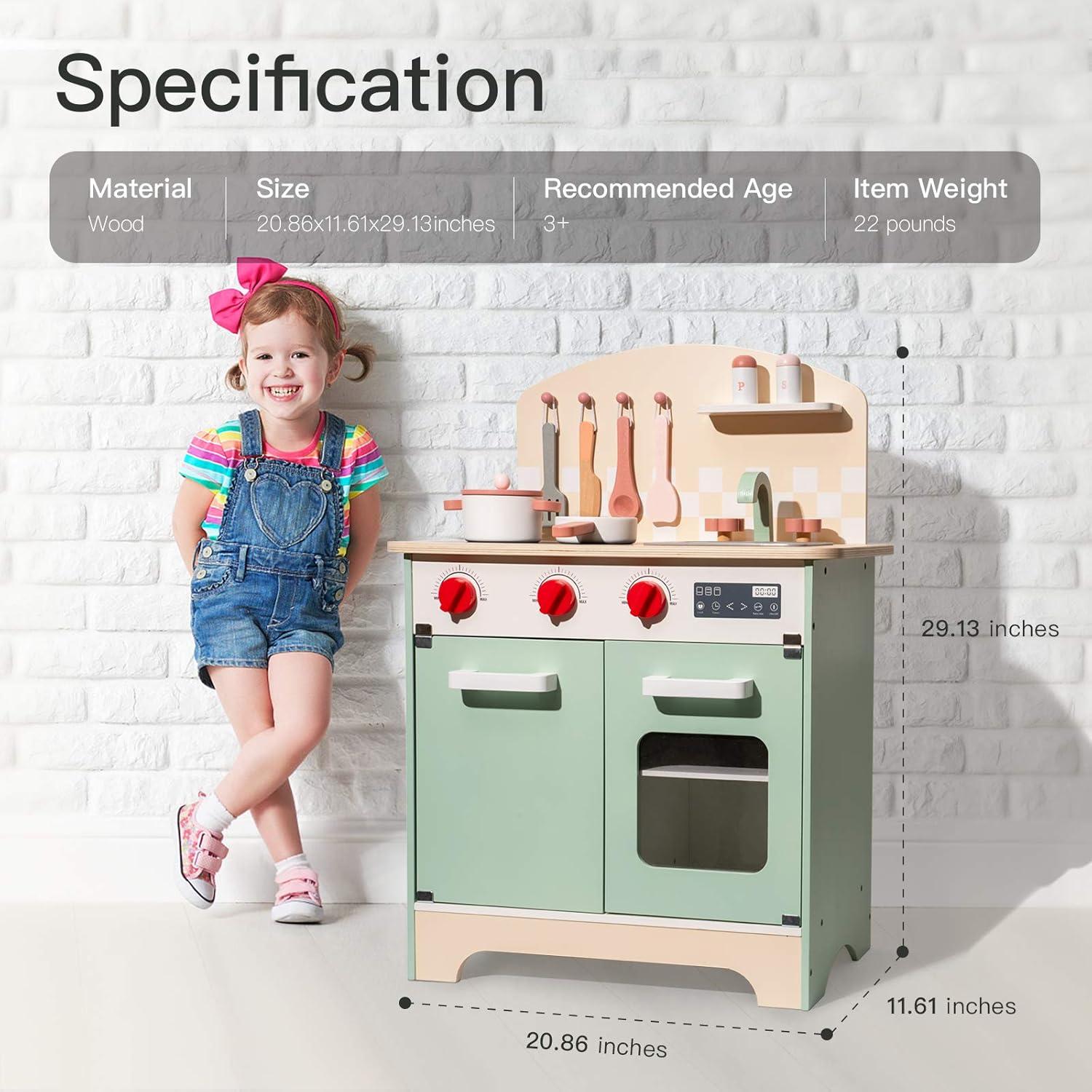 Robud Pretend Play Kitchen Set for Kids,Wooden Kitchen Playset Gift for Toddlers 3+,Green