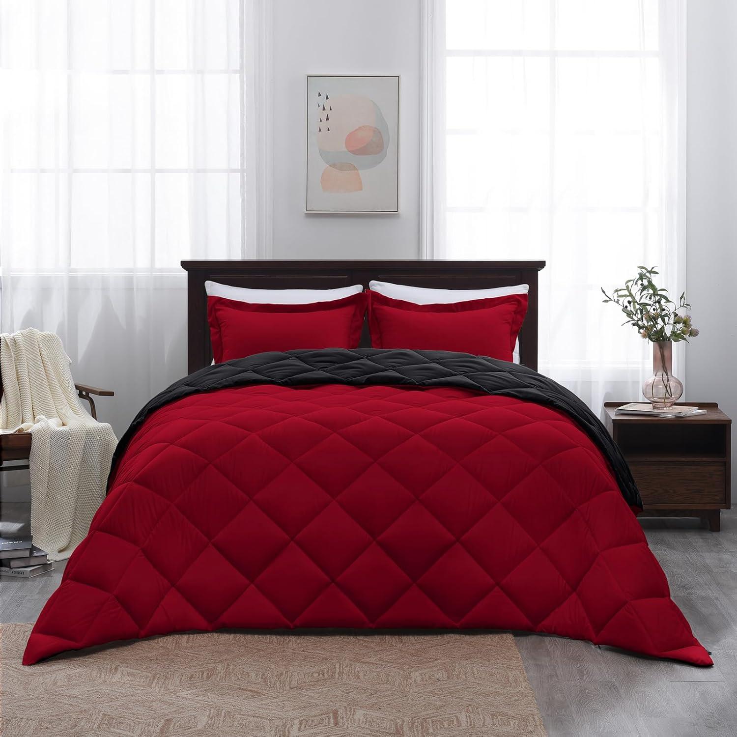 Basic Beyond Down Alternative Comforter Set (Queen, Black/Red) - Reversible Bed Comforter with 2 Pillow Shams for All Seasons